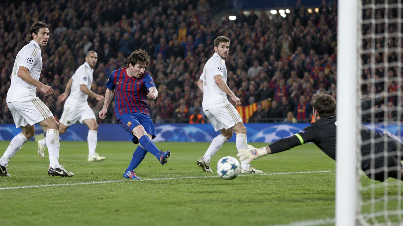 Photorealistic historical reconstruction of Lionel Messi scoring five goals in a 2012 Champions League match