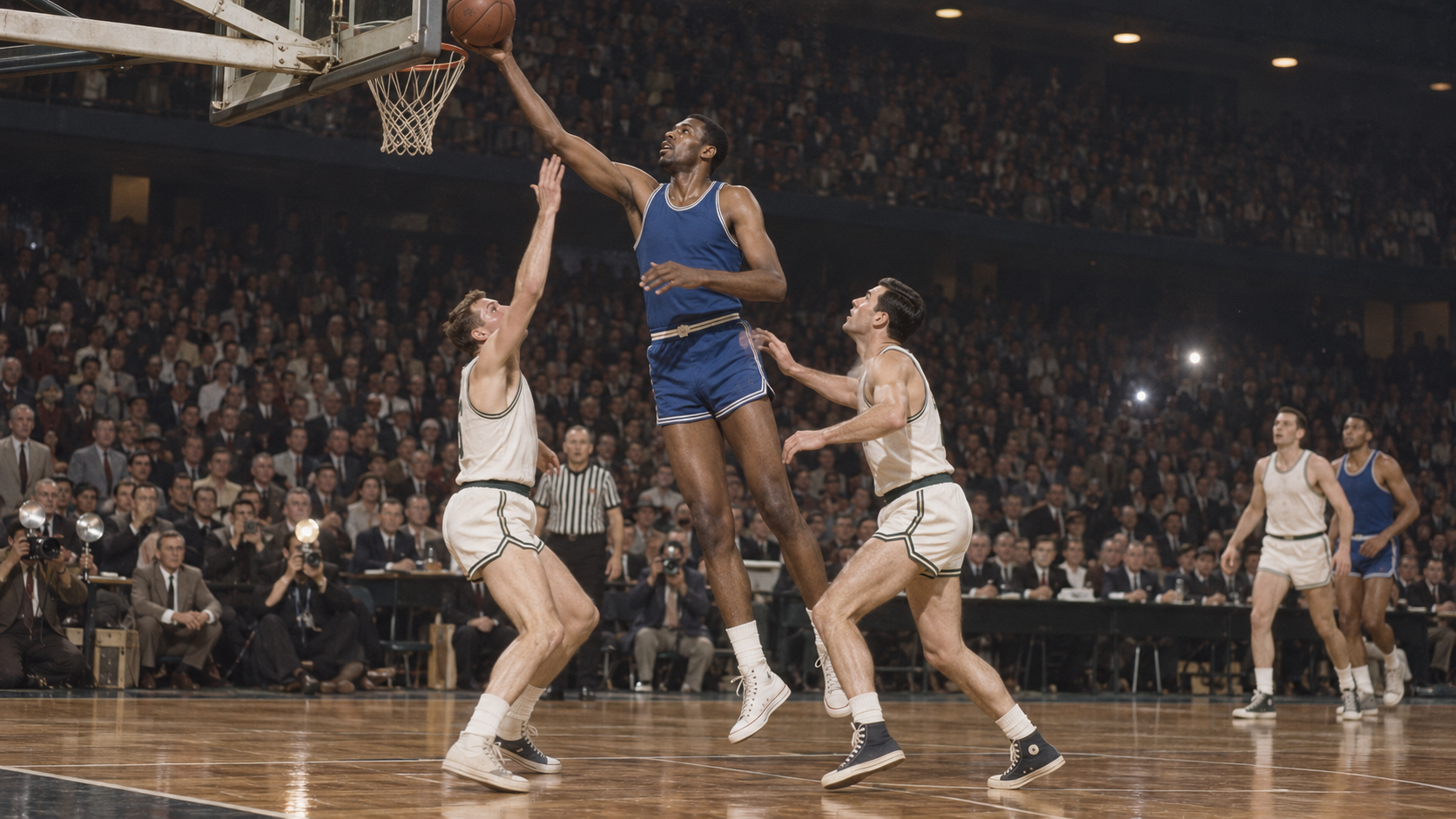 Photorealistic historical reconstruction of Wilt Chamberlain reaching 3,000 points in the 1961 NBA season