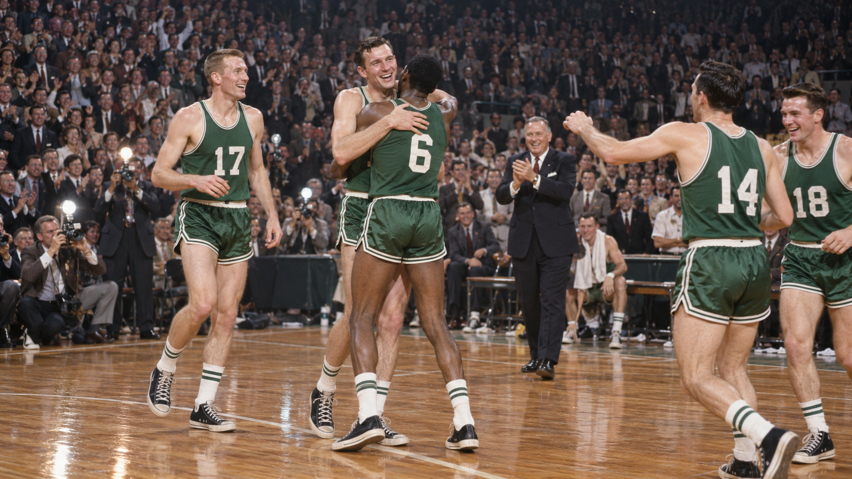 Photorealistic historical reconstruction of the Boston Celtics celebrating their 60th win in 1962