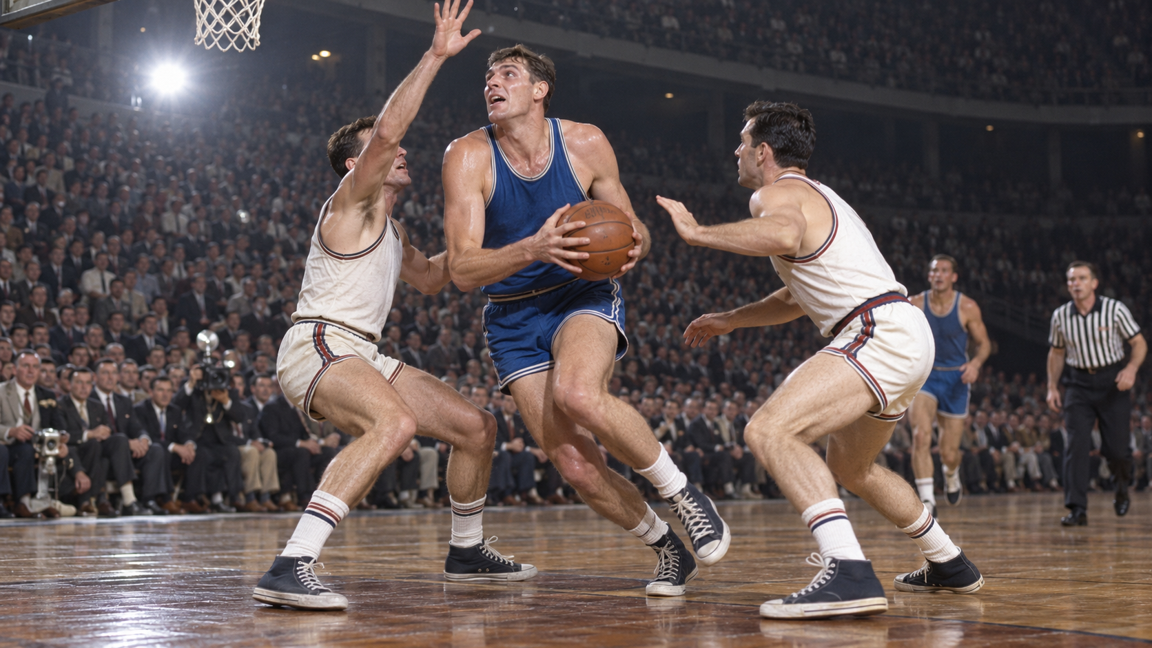 Photorealistic historical reconstruction of rookie Wilt Chamberlain scoring 53 points in a 1960 playoff game