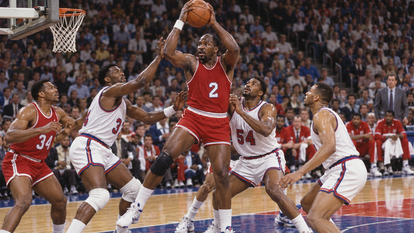 Photorealistic historical reconstruction of Moses Malone collecting his 15,000th career rebound in 1991