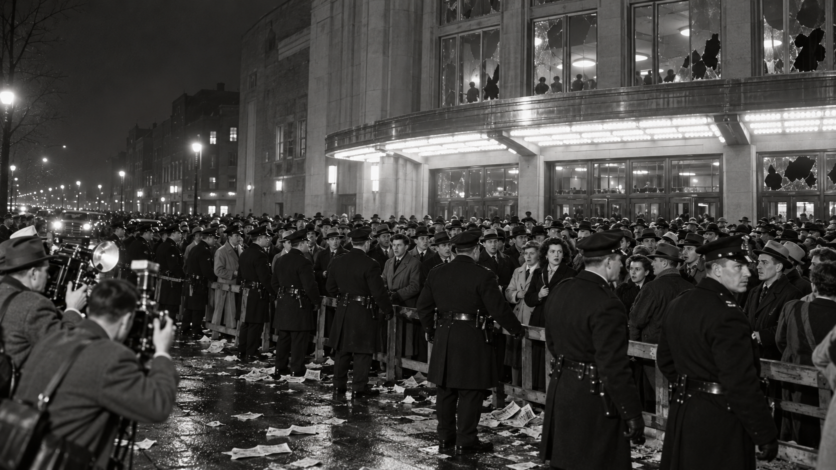 Photorealistic historical reconstruction of the crowd outside the Montreal Forum during the Richard Riot in 1955