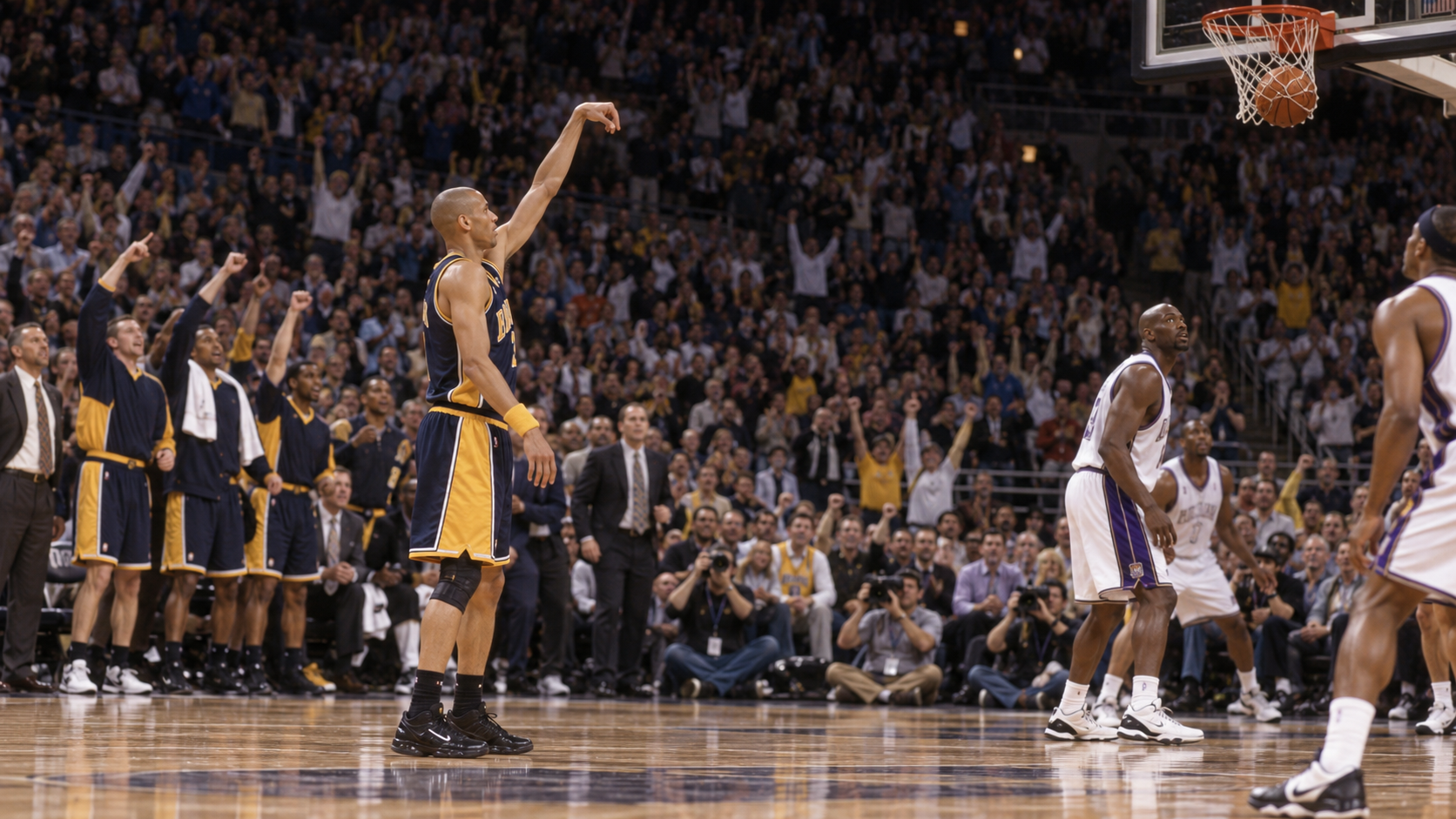 Photorealistic historical reconstruction of Reggie Miller making his 2,000th career three-pointer in 2001