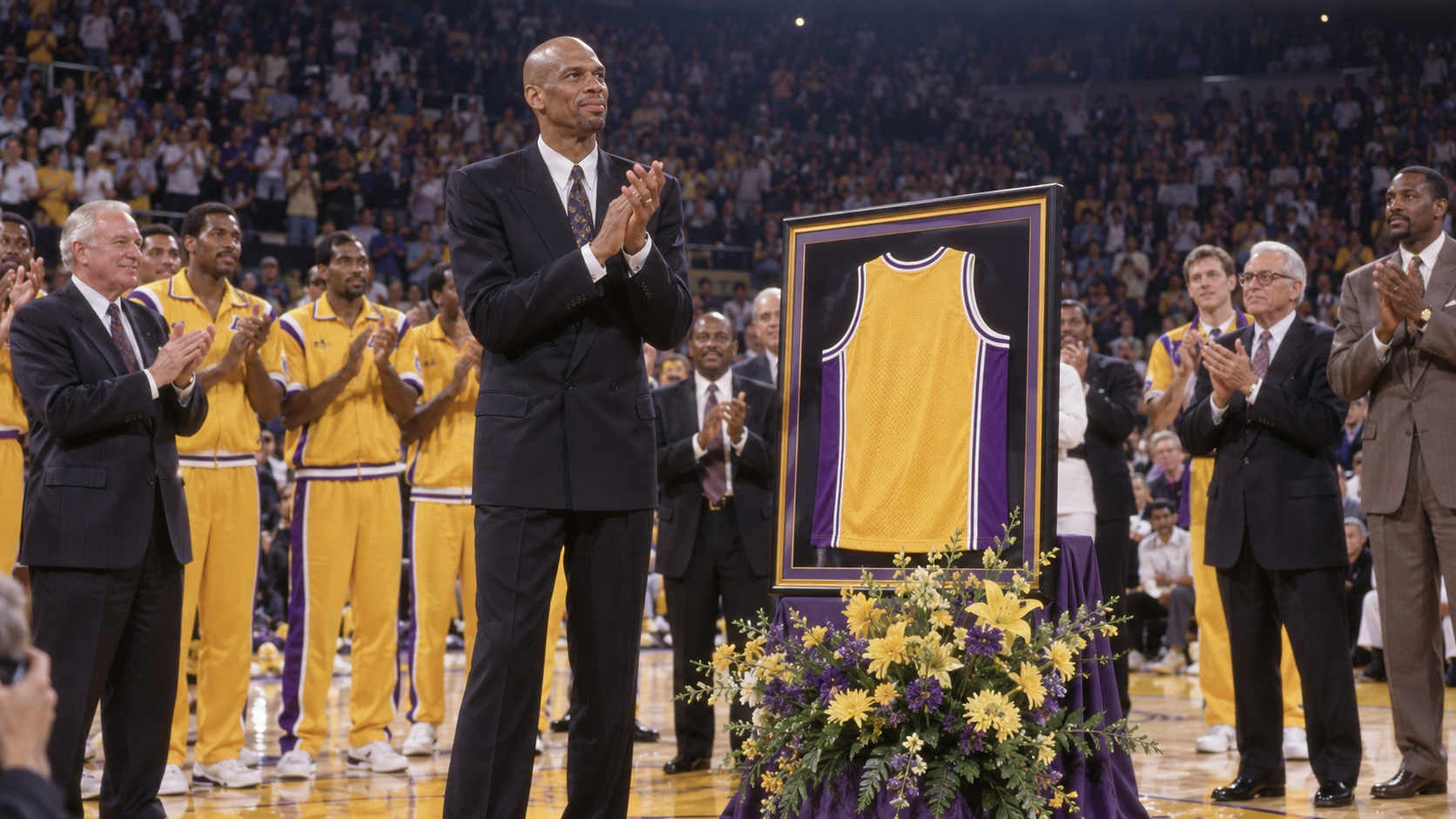 Photorealistic historical reconstruction of the Lakers honoring Kareem Abdul-Jabbar in a 1990 jersey retirement ceremony