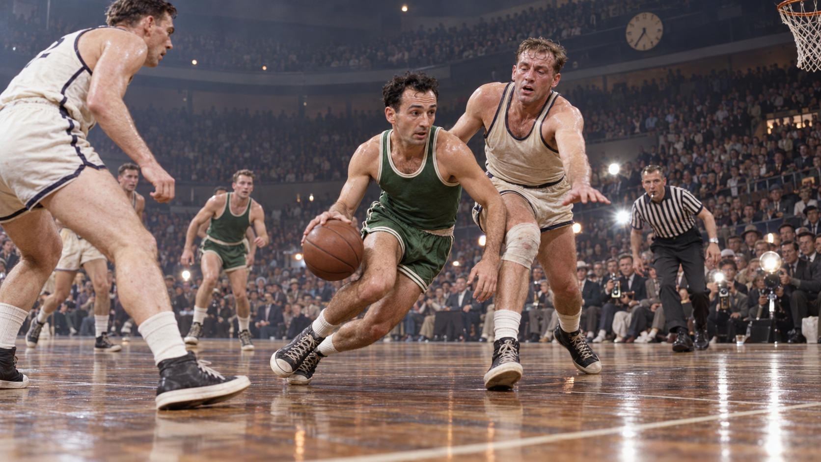 Photorealistic historical reconstruction of Bob Cousy leading Boston in a four-overtime playoff game in 1953