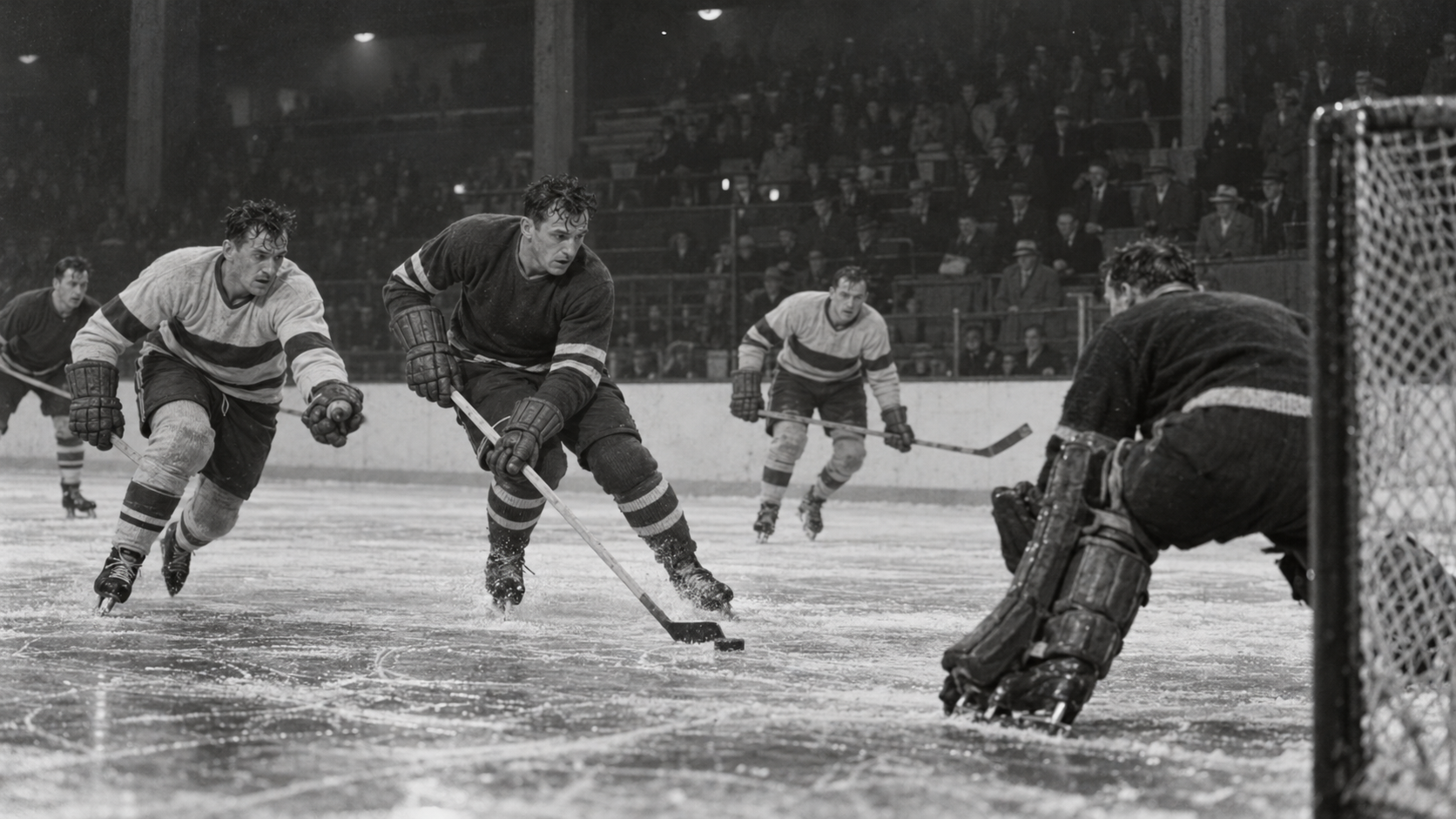 Photorealistic historical reconstruction of the six-overtime Detroit-Montreal hockey marathon in 1936