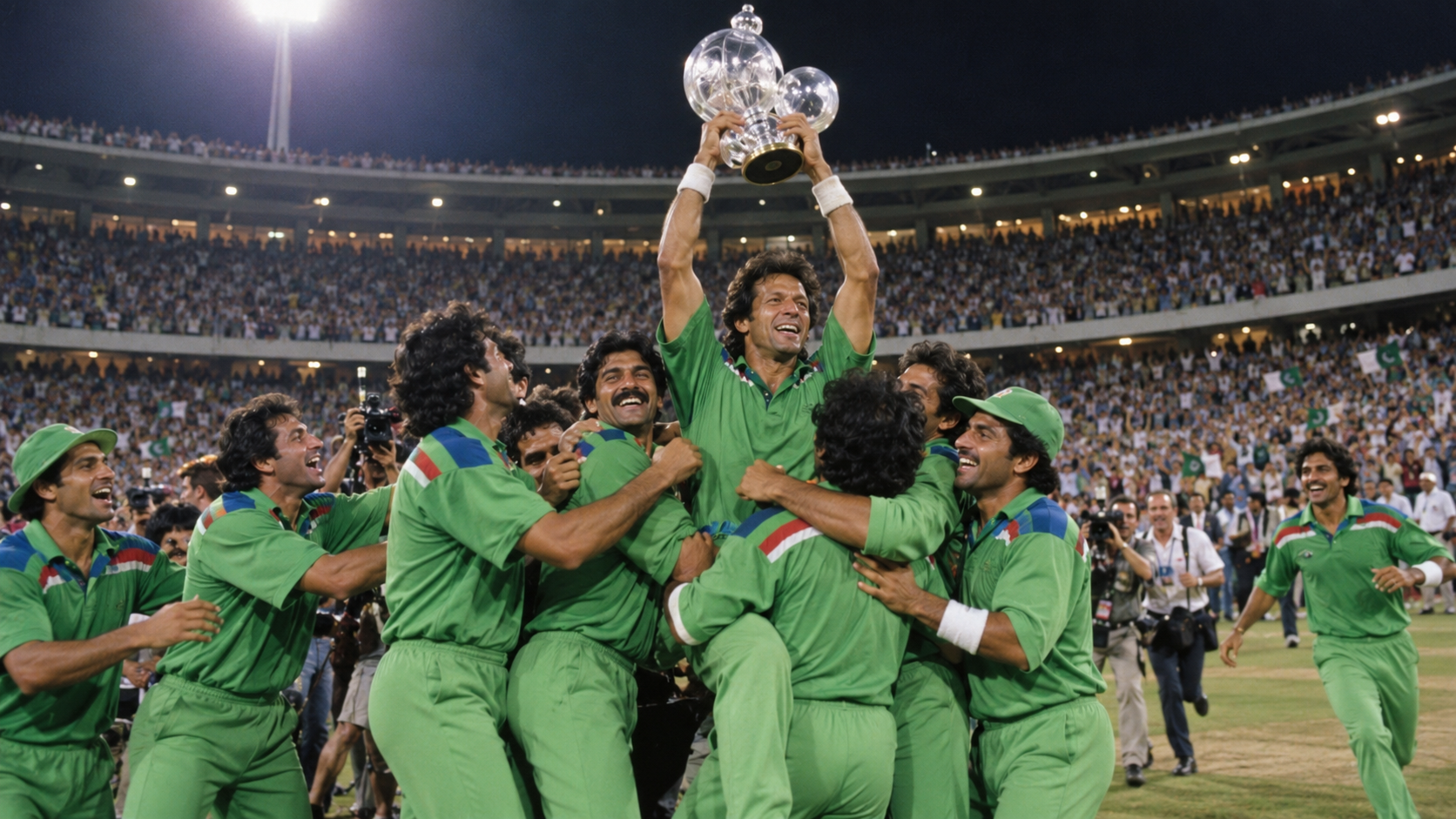 Photorealistic historical reconstruction of Pakistan celebrating victory in the 1992 Cricket World Cup final