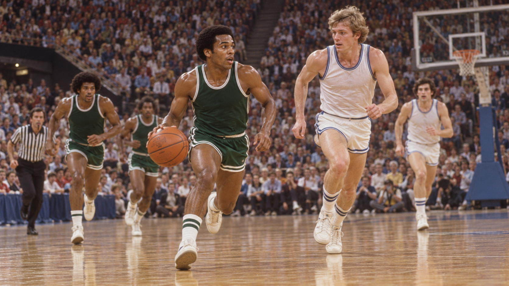 Photorealistic historical reconstruction of Magic Johnson and Larry Bird competing in the 1979 NCAA championship