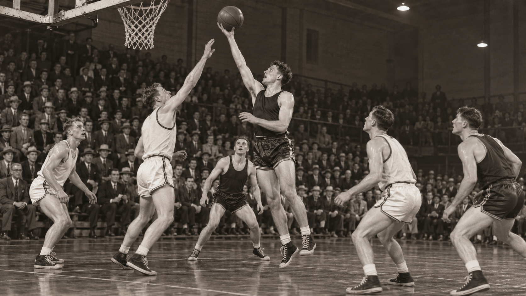 Photorealistic historical reconstruction of Oregon winning the first NCAA basketball championship in 1939