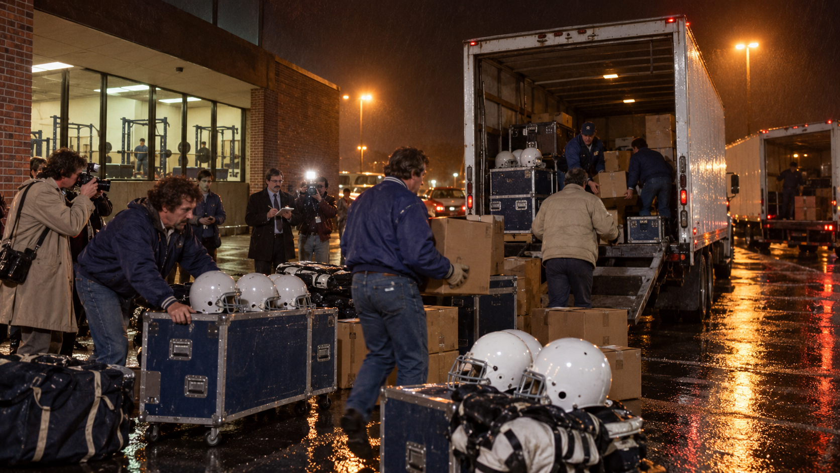 Photorealistic historical reconstruction of moving vans carrying Colts equipment from Baltimore in 1984