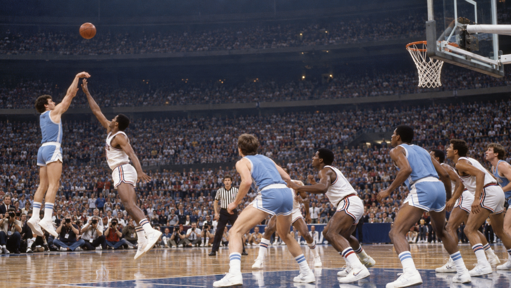 Photorealistic historical reconstruction of Michael Jordan making the decisive shot in the 1982 NCAA championship