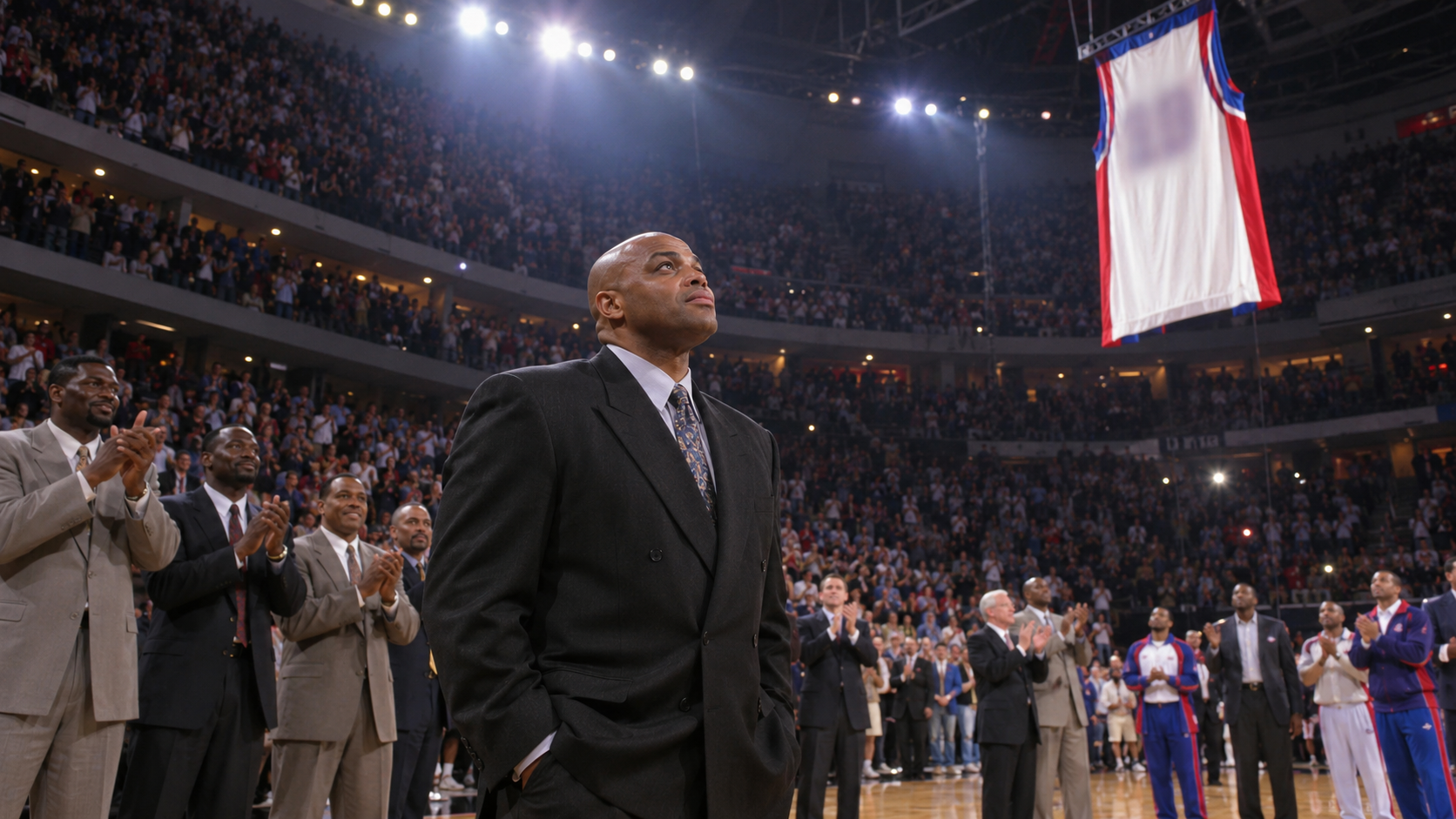 Photorealistic historical reconstruction of Philadelphia retiring Charles Barkley’s jersey in 2001