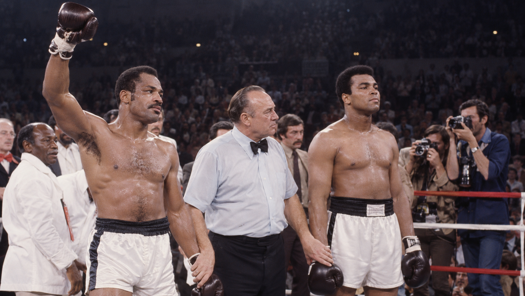 Photorealistic historical reconstruction of Ken Norton receiving the decision after upsetting Muhammad Ali in 1973
