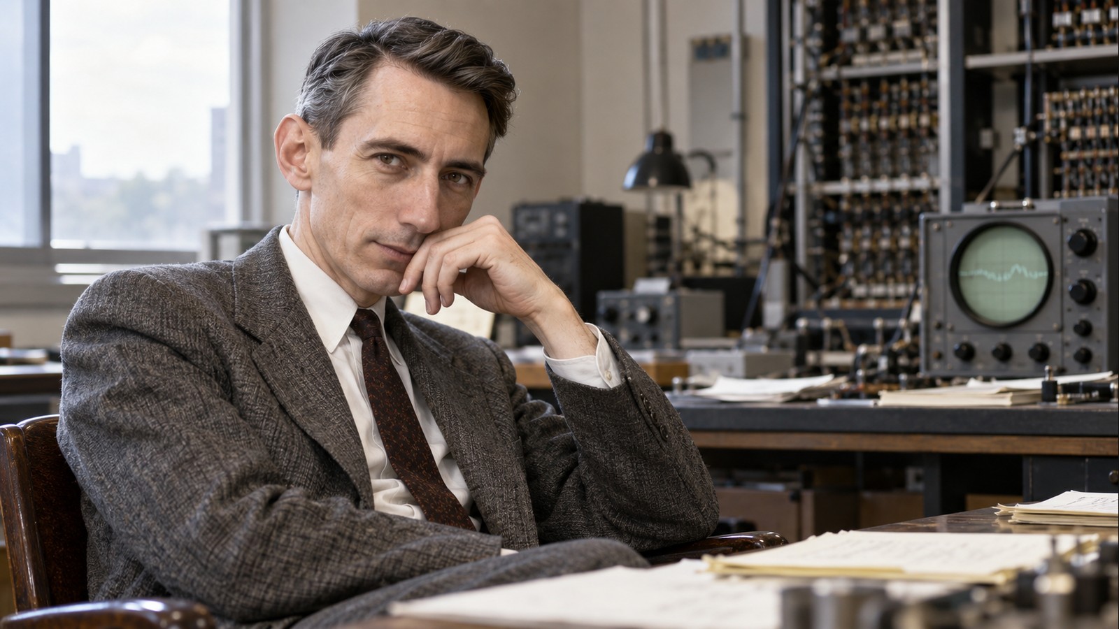 AI-generated realistic editorial portrait of Claude Shannon in a technology-focused setting