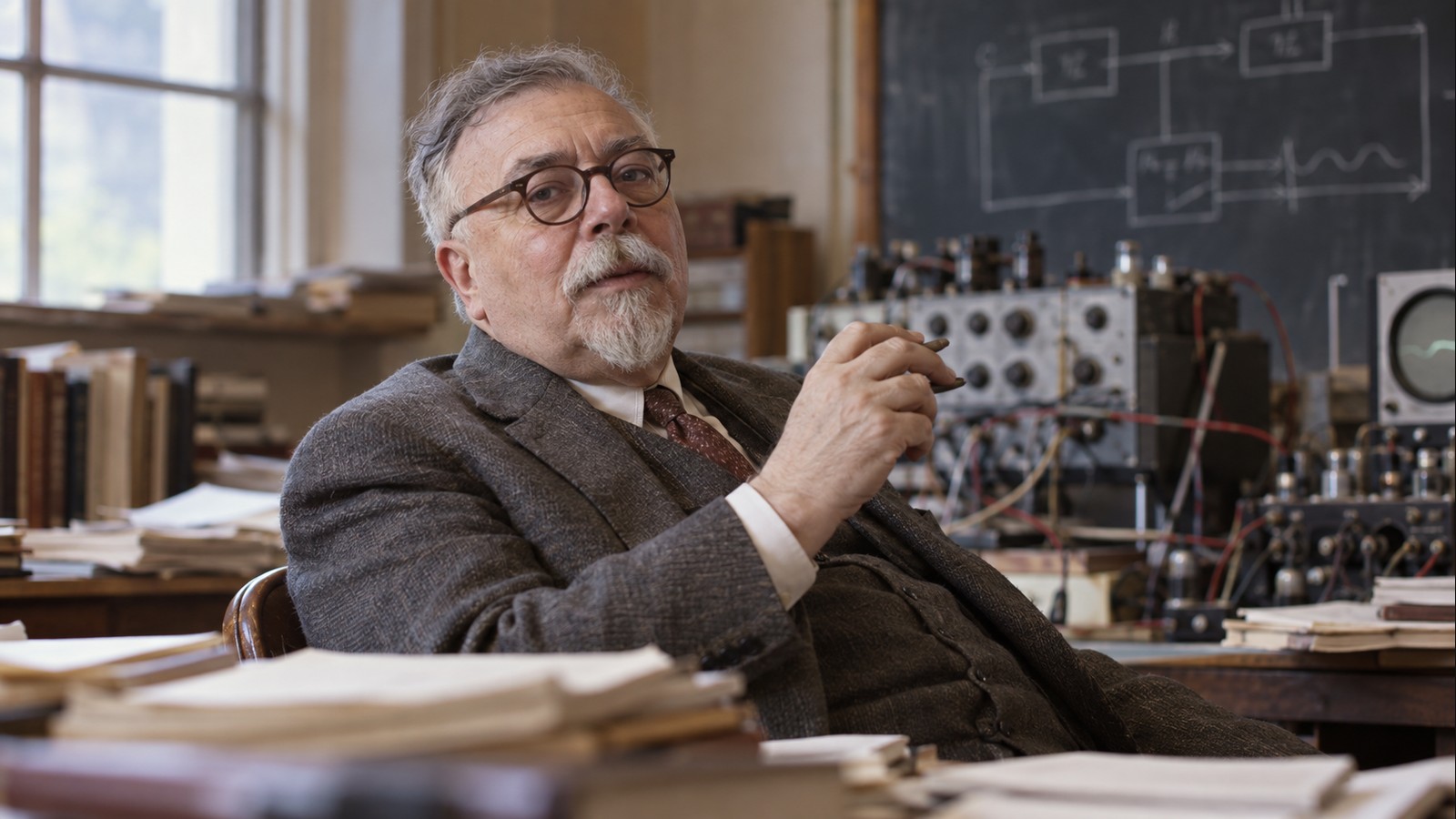 AI-generated realistic editorial portrait of Norbert Wiener in a technology-focused setting
