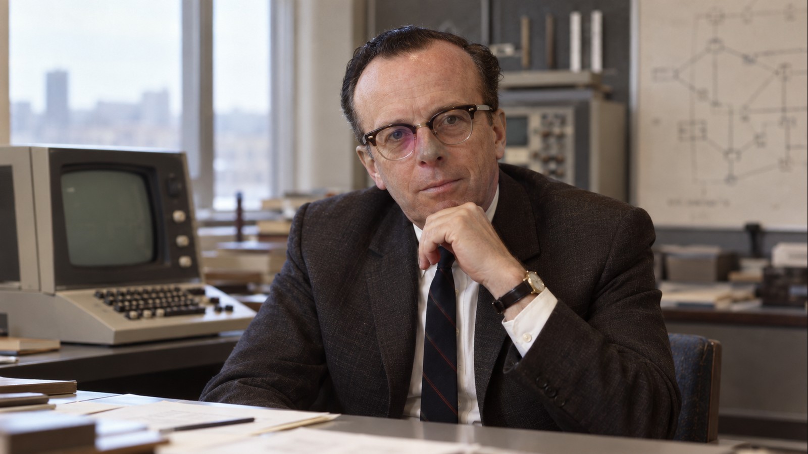 AI-generated realistic editorial portrait of J. C. R. Licklider in a technology-focused setting