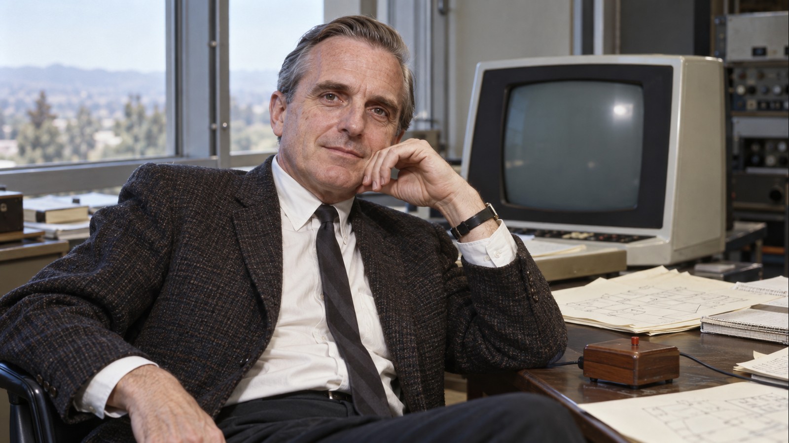 AI-generated realistic editorial portrait of Douglas Engelbart in a technology-focused setting