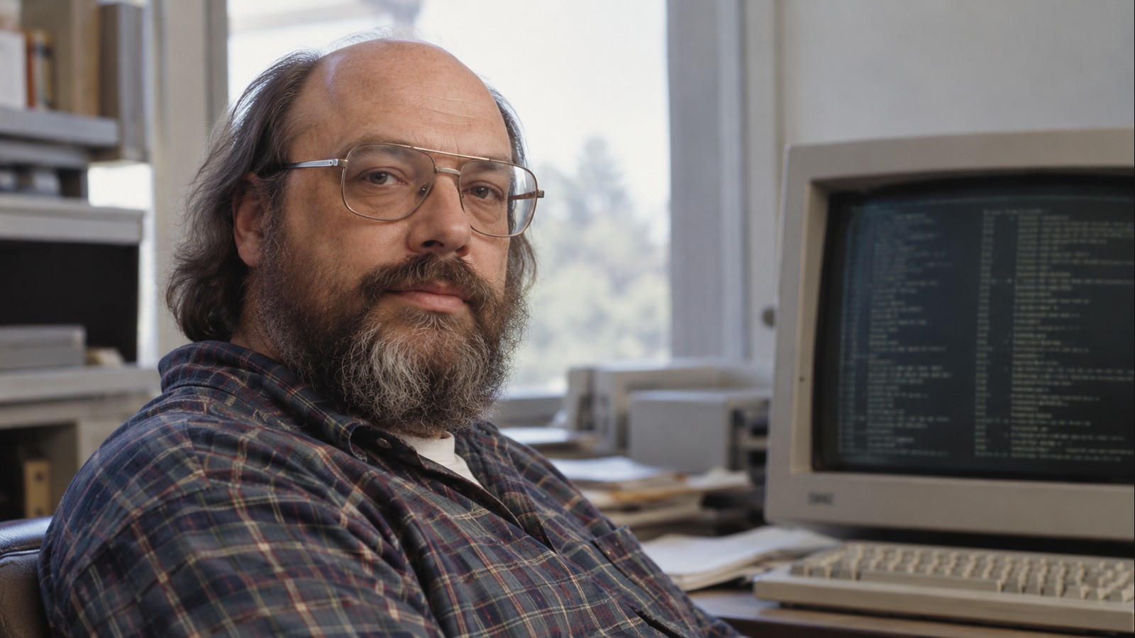 AI-generated realistic editorial portrait of Ken Thompson in a technology-focused setting