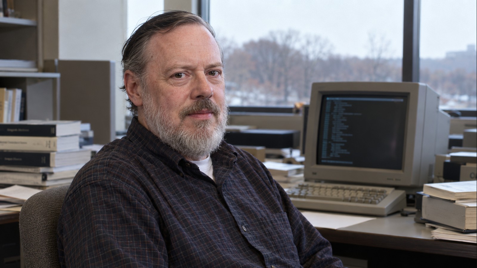 AI-generated realistic editorial portrait of Dennis Ritchie in a technology-focused setting
