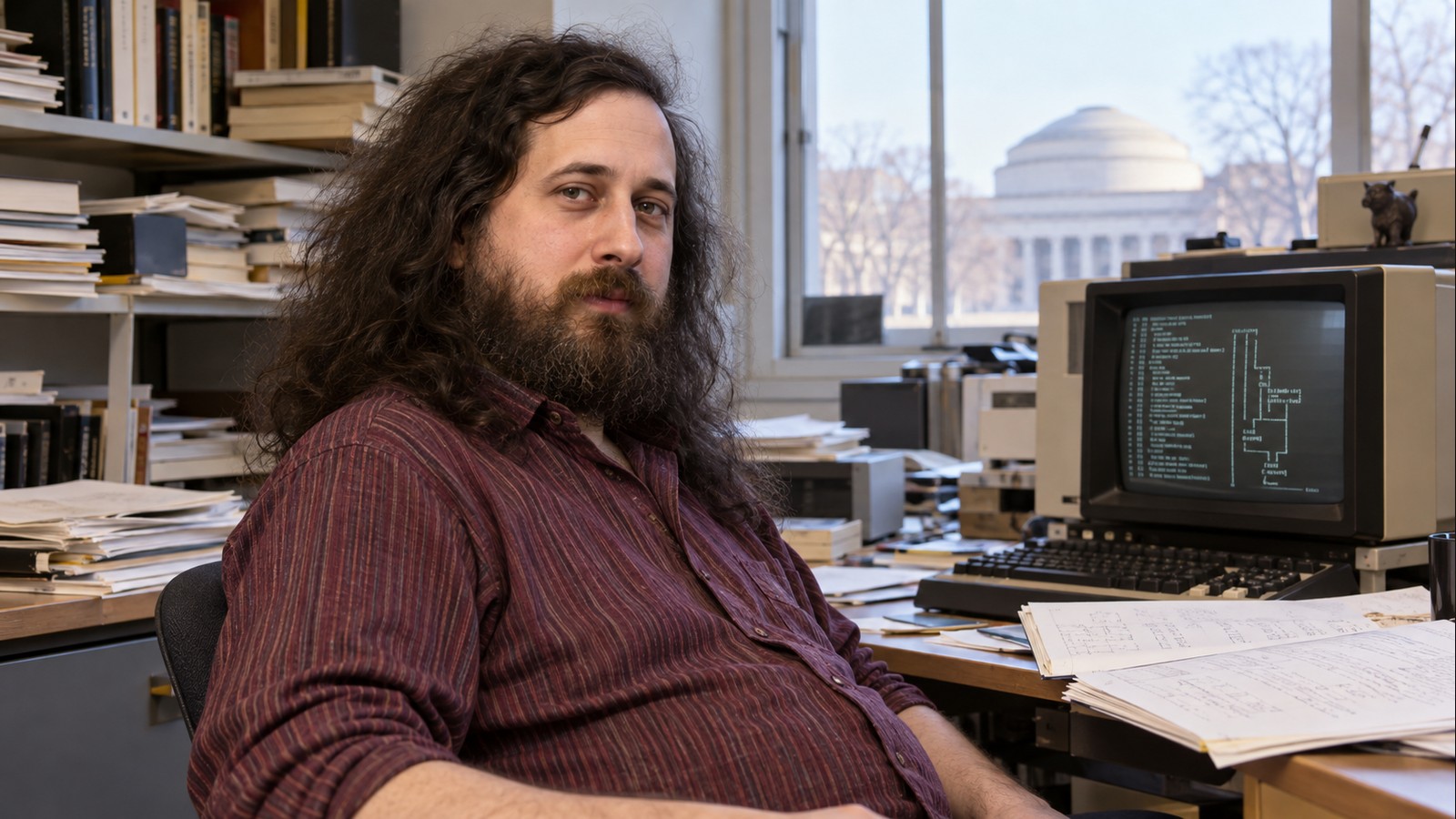 AI-generated realistic editorial portrait of Richard Stallman in a technology-focused setting