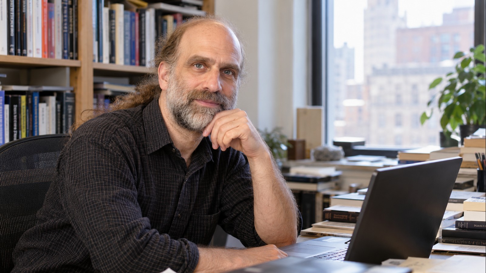 AI-generated realistic editorial portrait of Bruce Schneier in a technology-focused setting