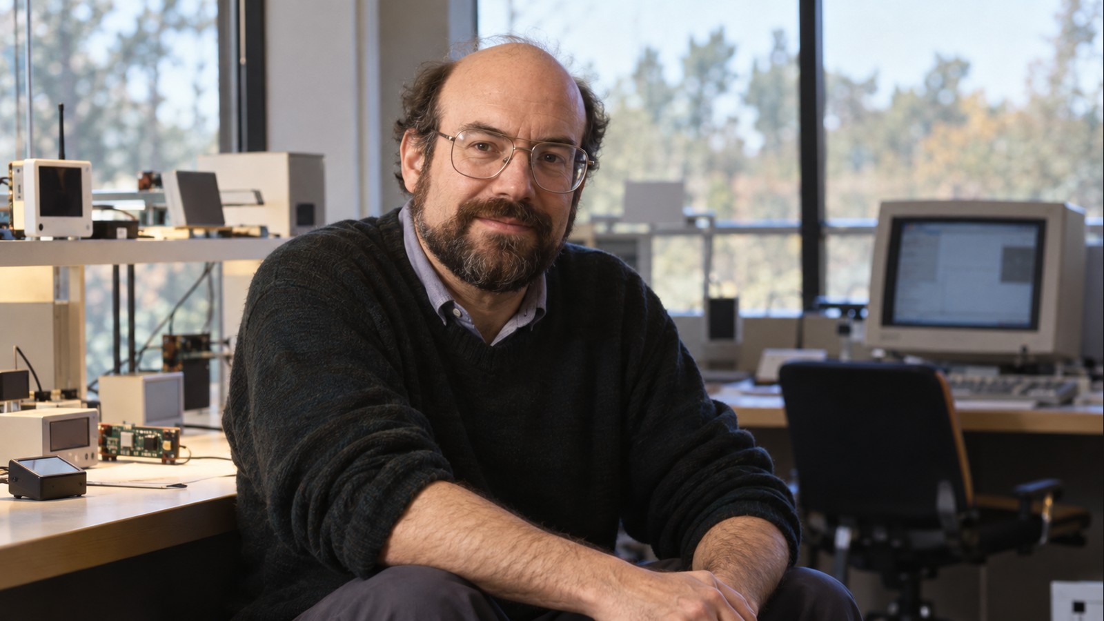 AI-generated realistic editorial portrait of Mark Weiser in a technology-focused setting