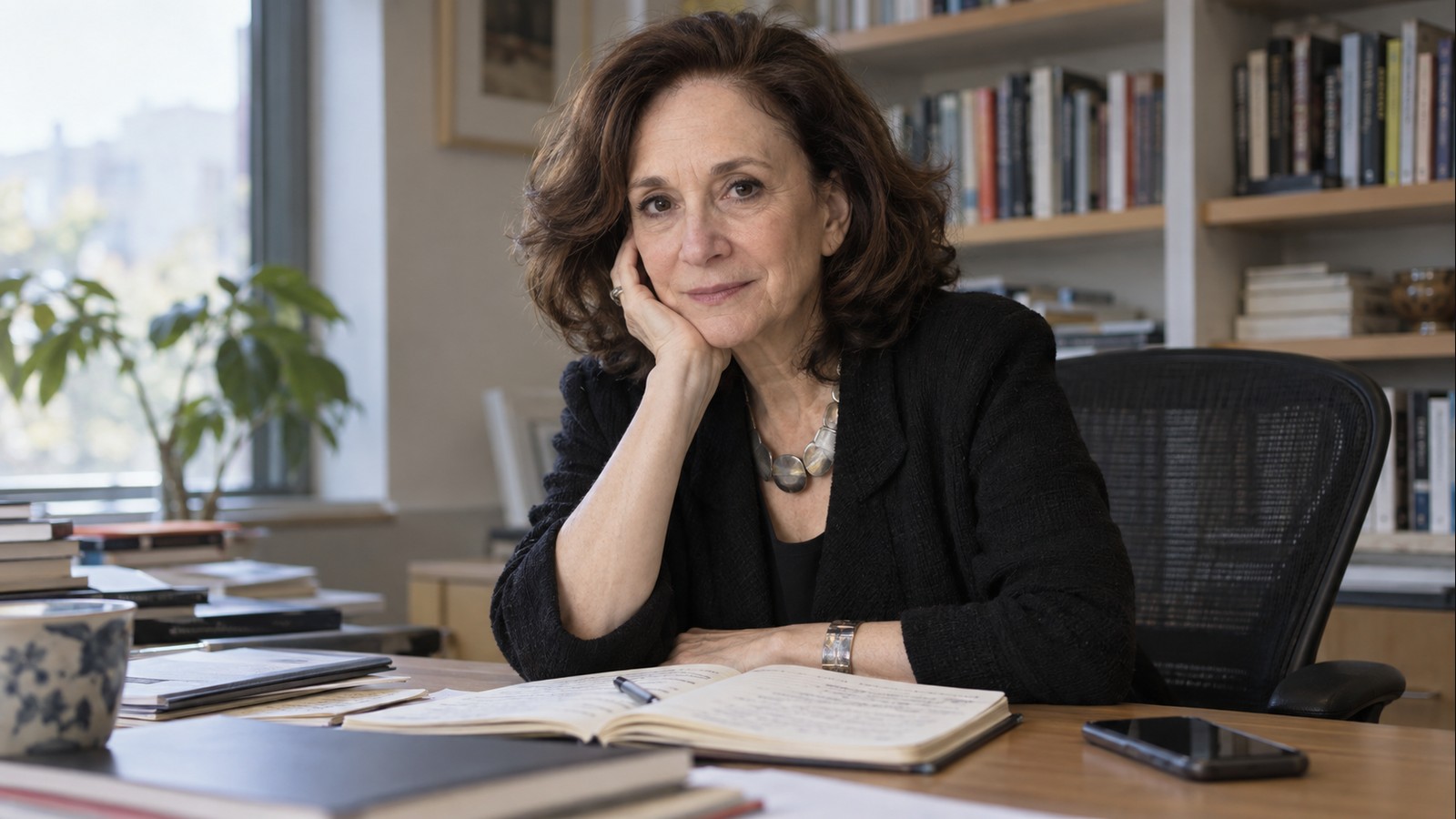 AI-generated realistic editorial portrait of Sherry Turkle in a technology-focused setting
