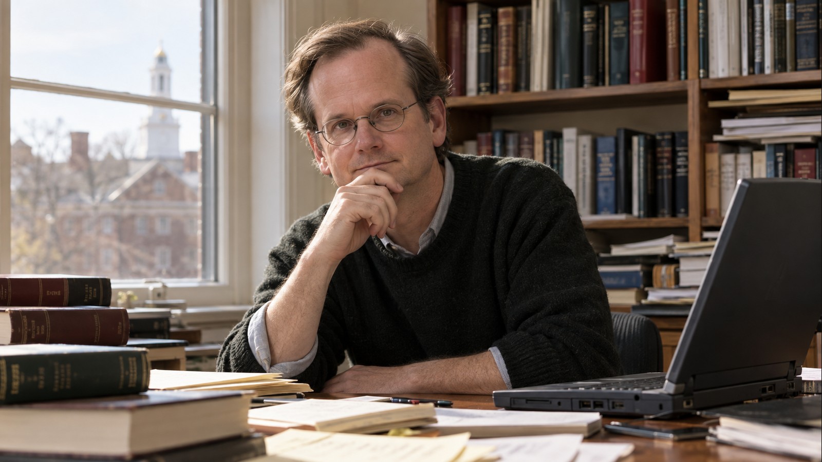 AI-generated realistic editorial portrait of Lawrence Lessig in a technology-focused setting