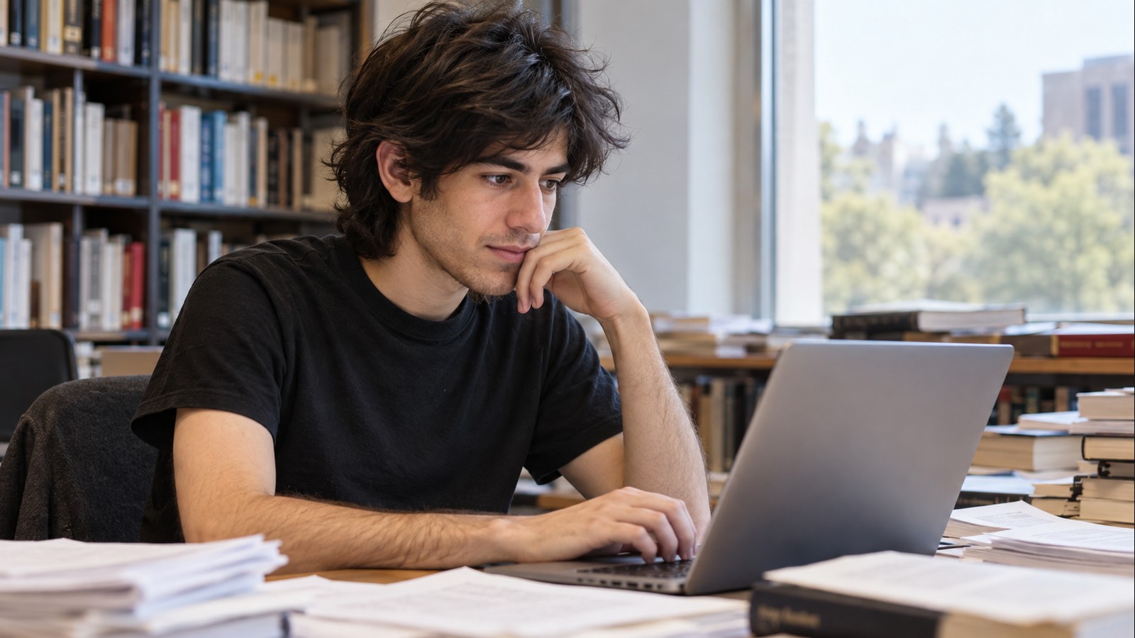 AI-generated realistic editorial portrait of Aaron Swartz in a technology-focused setting