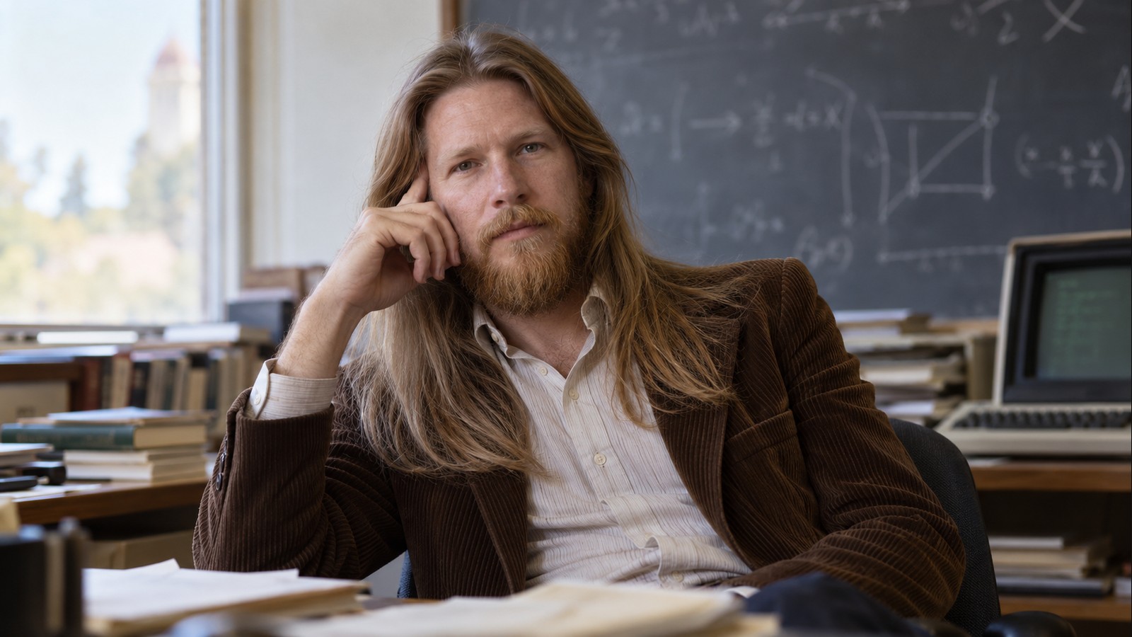 AI-generated realistic editorial portrait of Whitfield Diffie in a technology-focused setting
