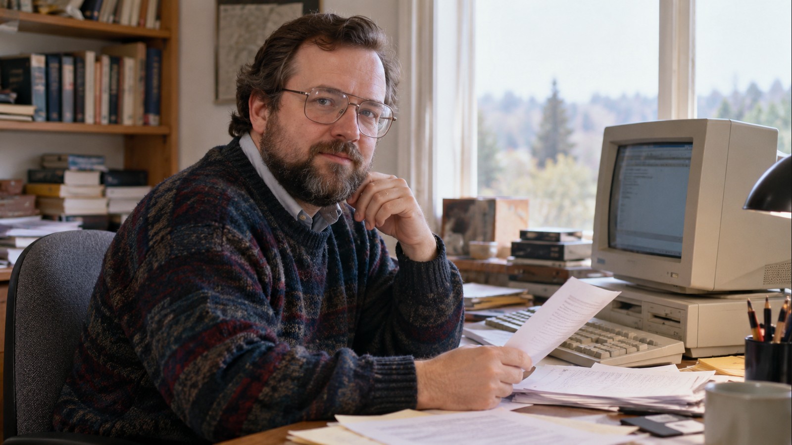 AI-generated realistic editorial portrait of Phil Zimmermann in a technology-focused setting