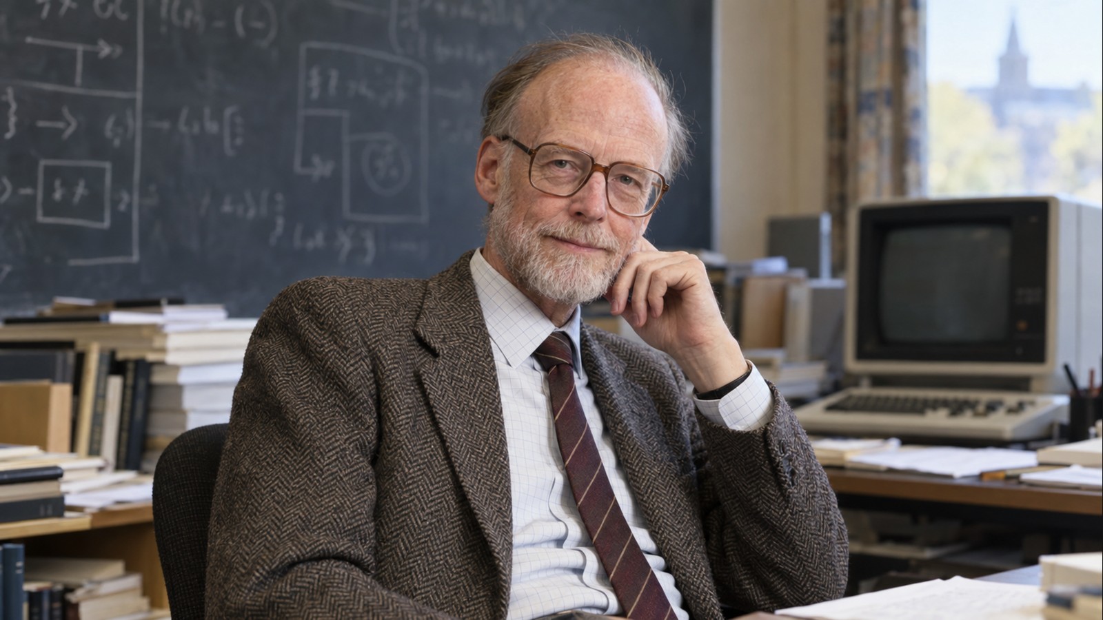 AI-generated realistic editorial portrait of Tony Hoare in a technology-focused setting