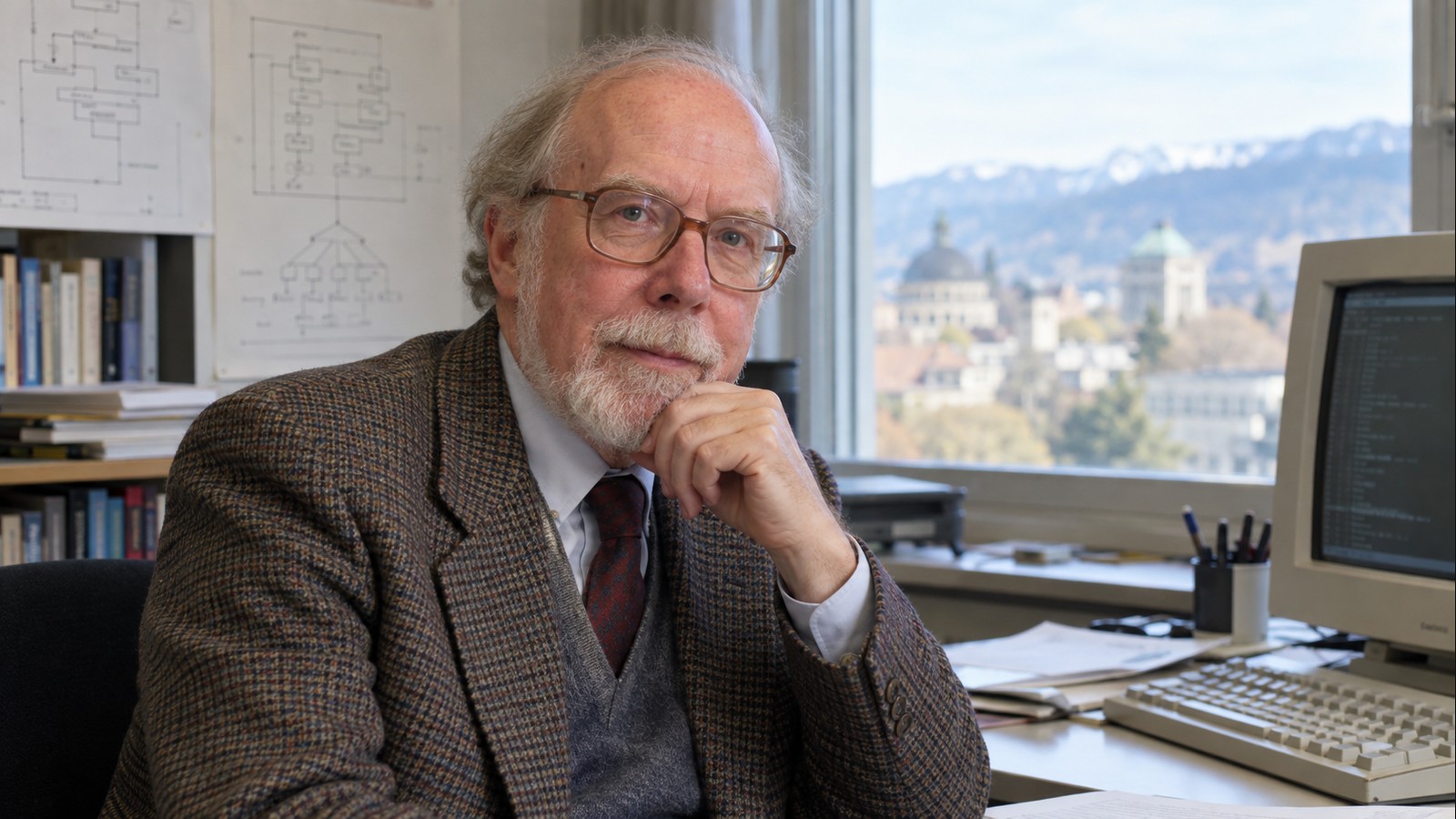 AI-generated realistic editorial portrait of Niklaus Wirth in a technology-focused setting