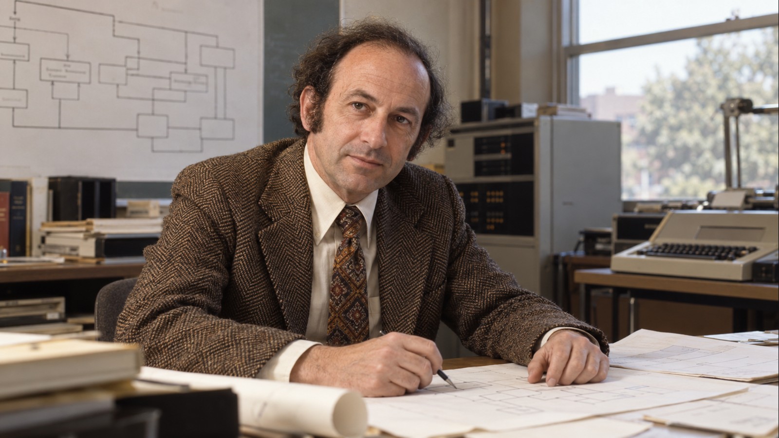 AI-generated realistic editorial portrait of David Parnas in a technology-focused setting