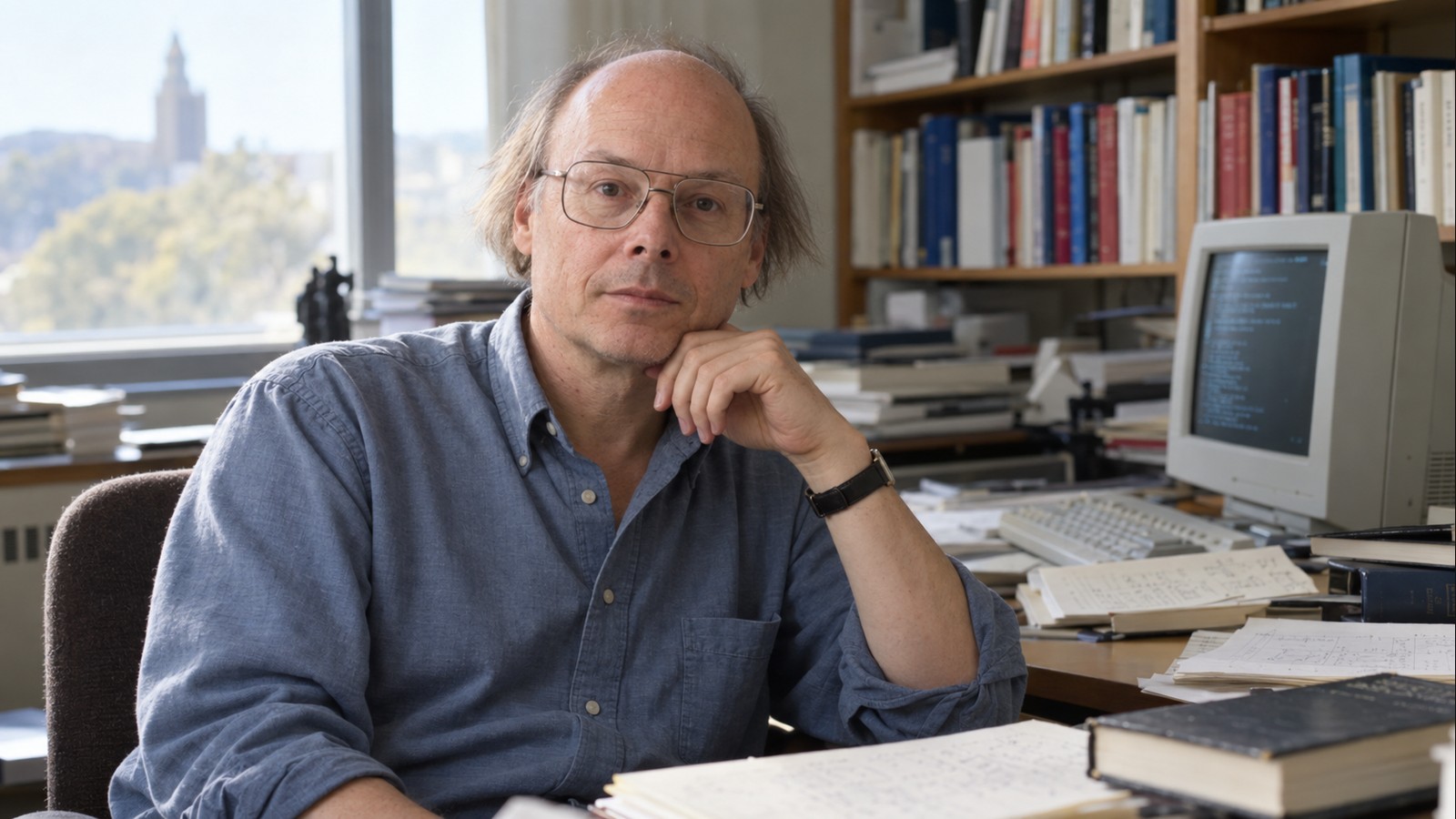 AI-generated realistic editorial portrait of Bjarne Stroustrup in a technology-focused setting