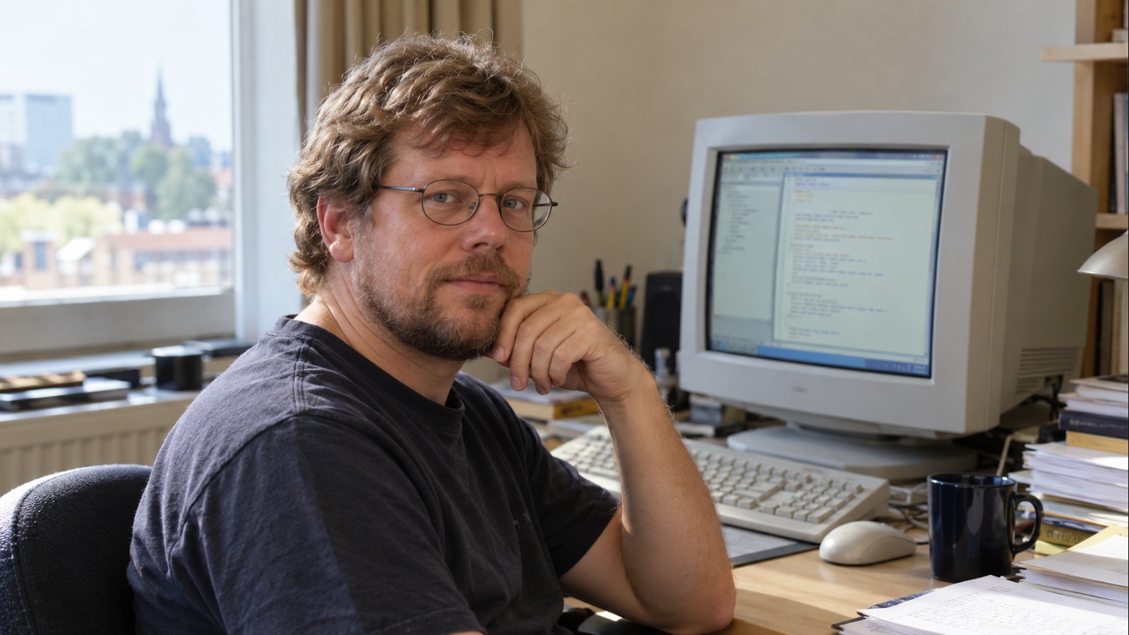 AI-generated realistic editorial portrait of Guido van Rossum in a technology-focused setting