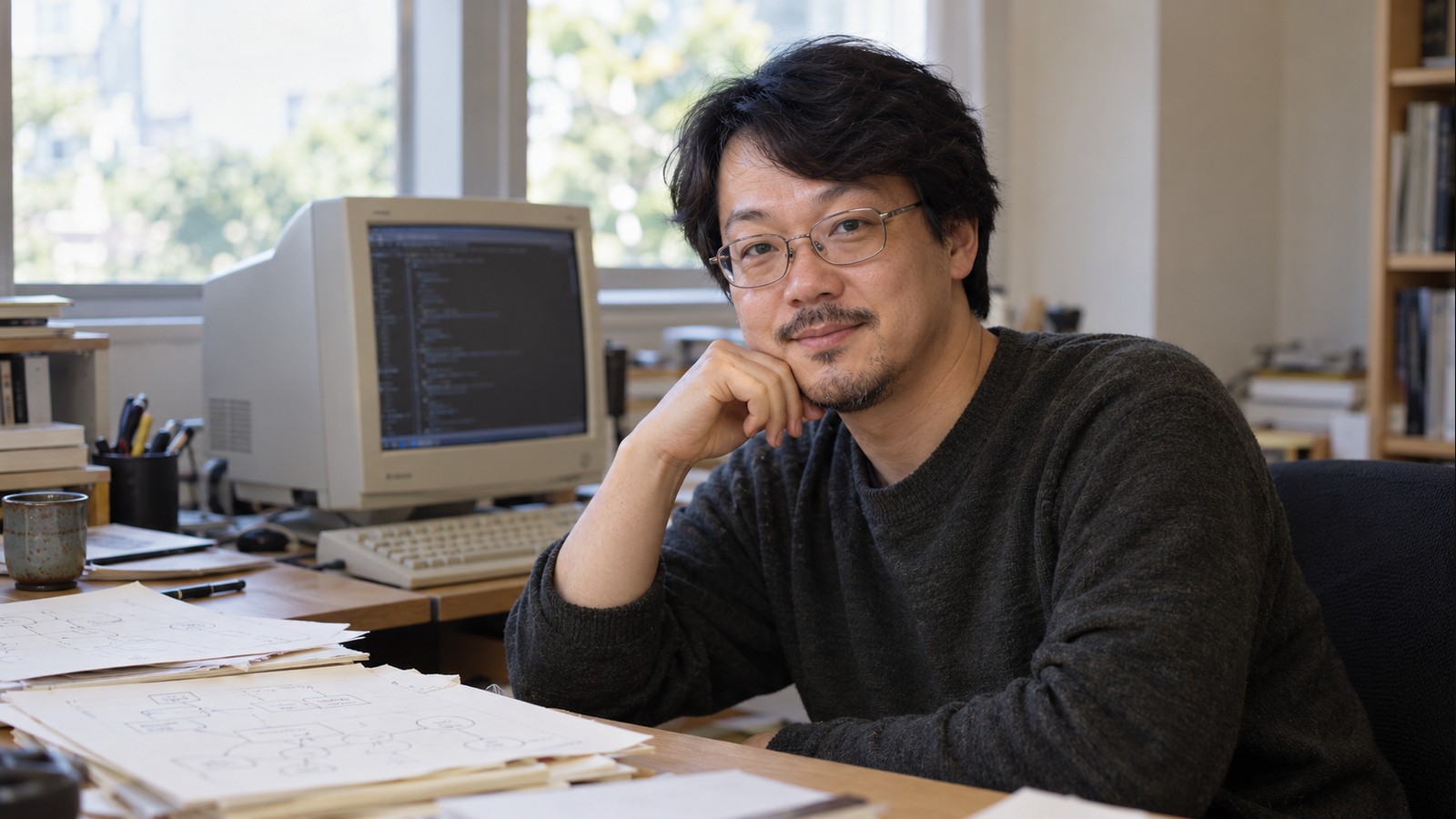 AI-generated realistic editorial portrait of Yukihiro Matsumoto in a technology-focused setting