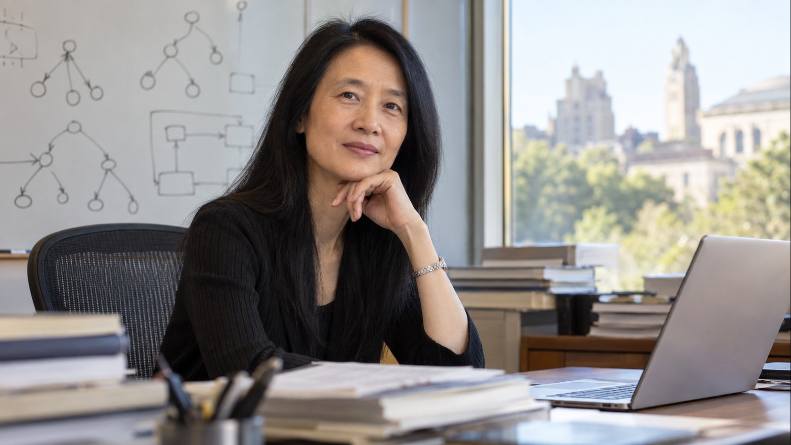 AI-generated realistic editorial portrait of Jeannette Wing in a technology-focused setting