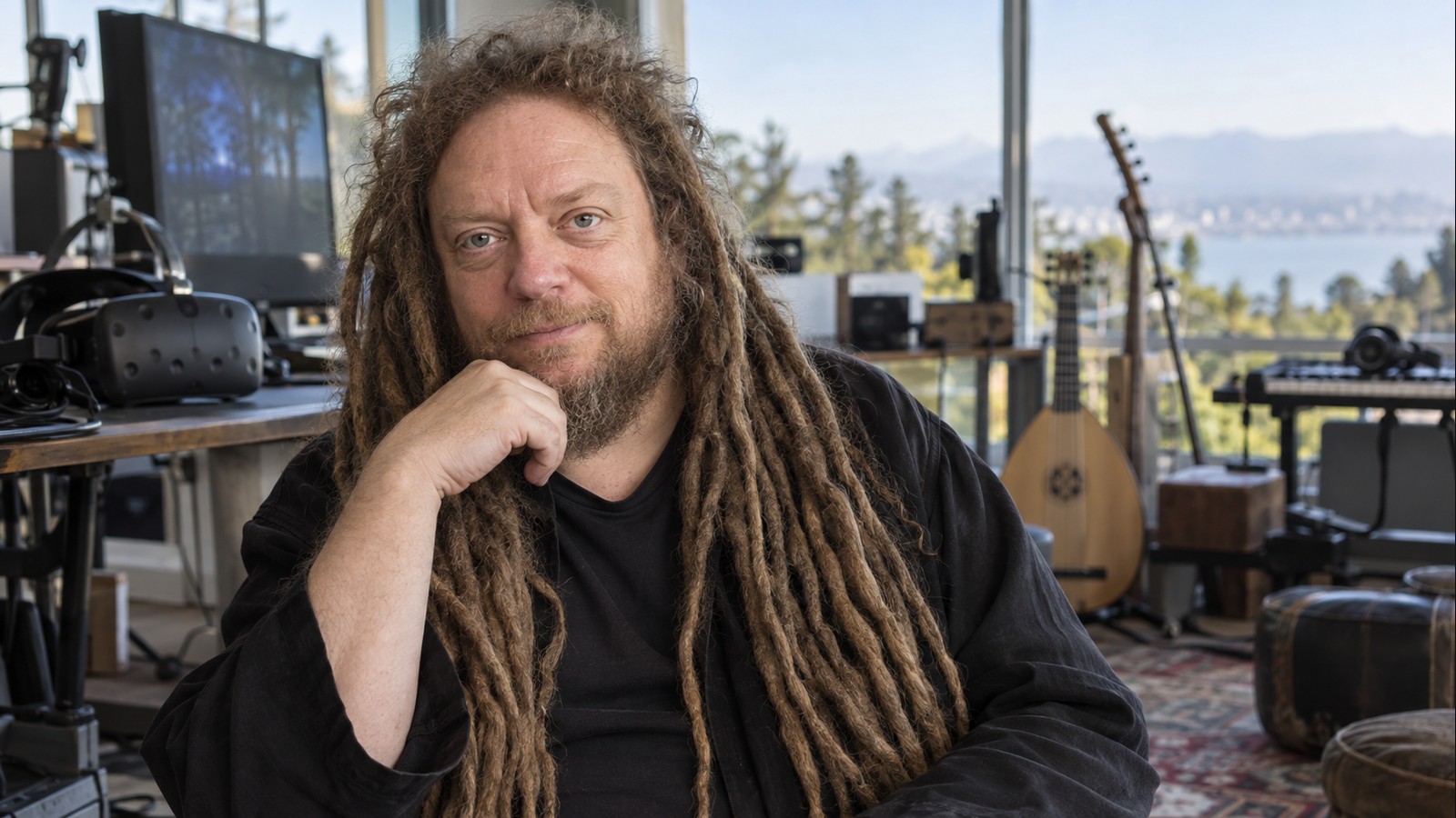 AI-generated realistic editorial portrait of Jaron Lanier in a technology-focused setting