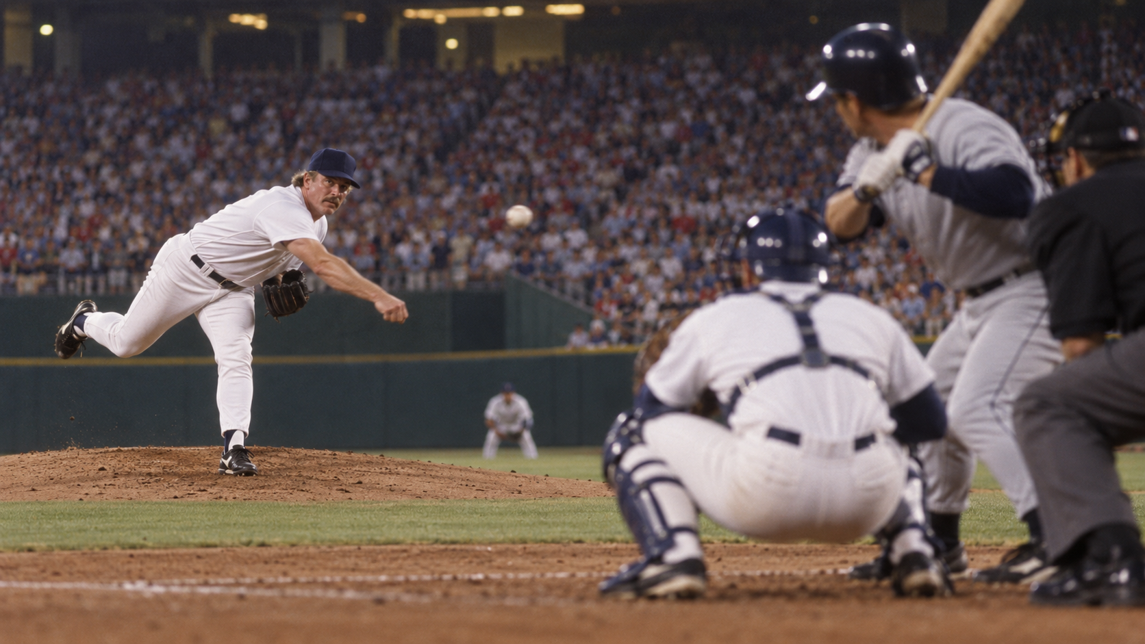 Photorealistic historical reconstruction of Nolan Ryan pitching his seventh no-hitter in Arlington in 1991.