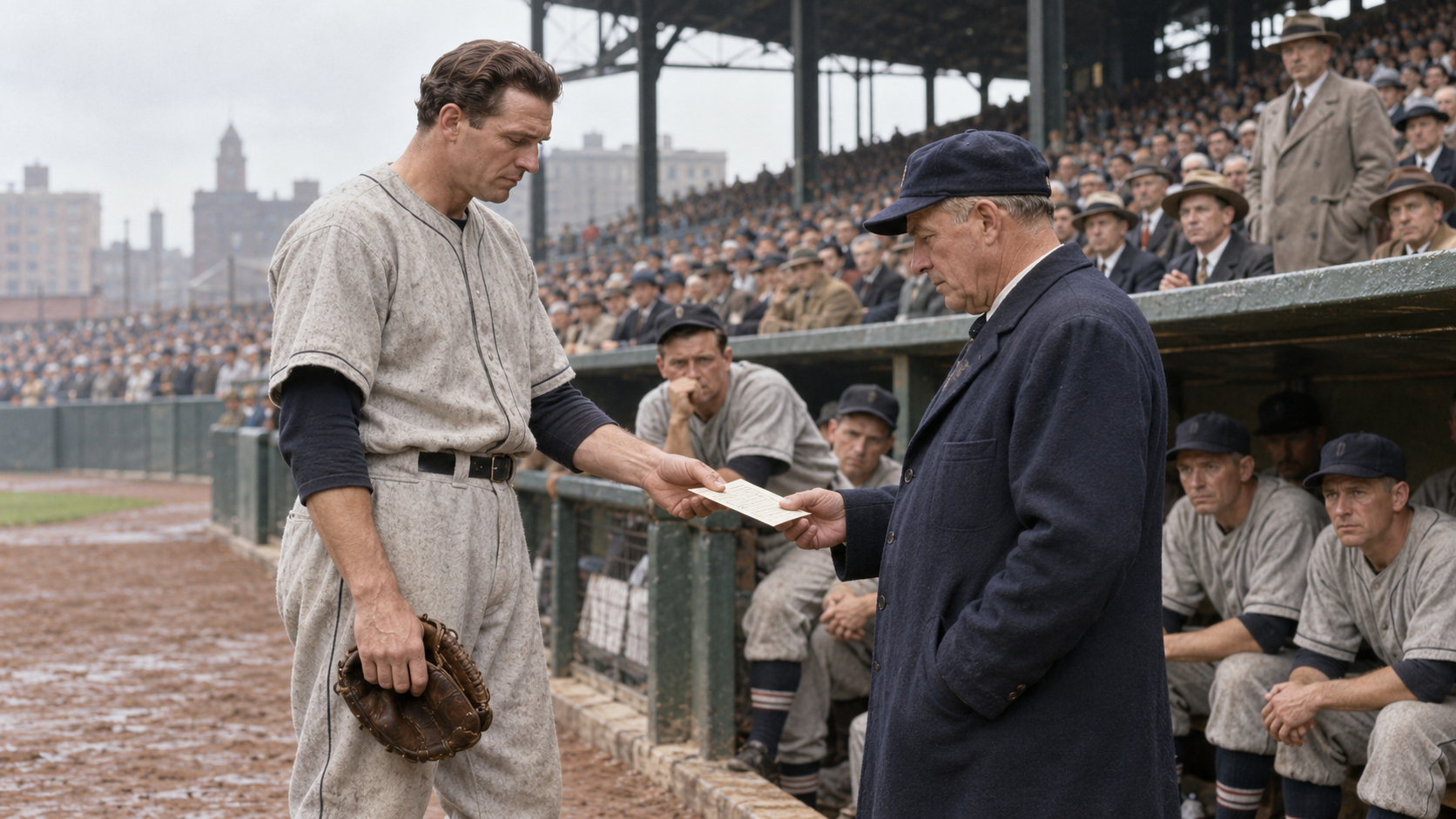 Photorealistic historical reconstruction of Lou Gehrig handing the Yankees lineup card to his manager in Detroit in 1939.