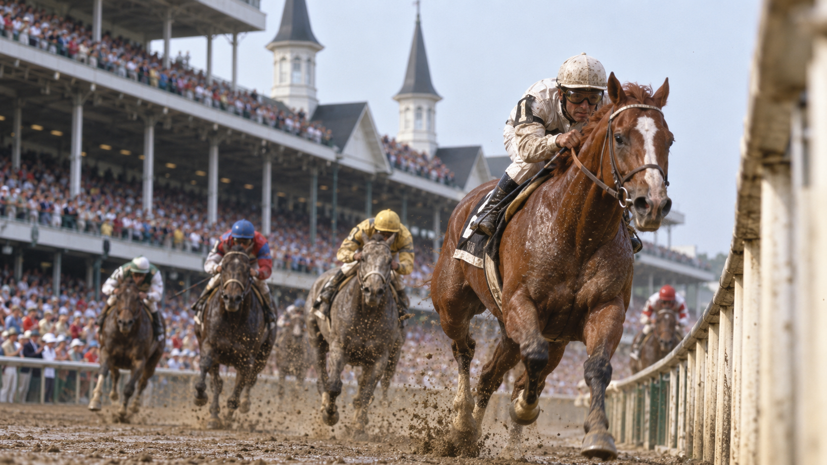 Photorealistic historical reconstruction of Ferdinand and Bill Shoemaker surging along the rail in the 1986 Kentucky Derby.