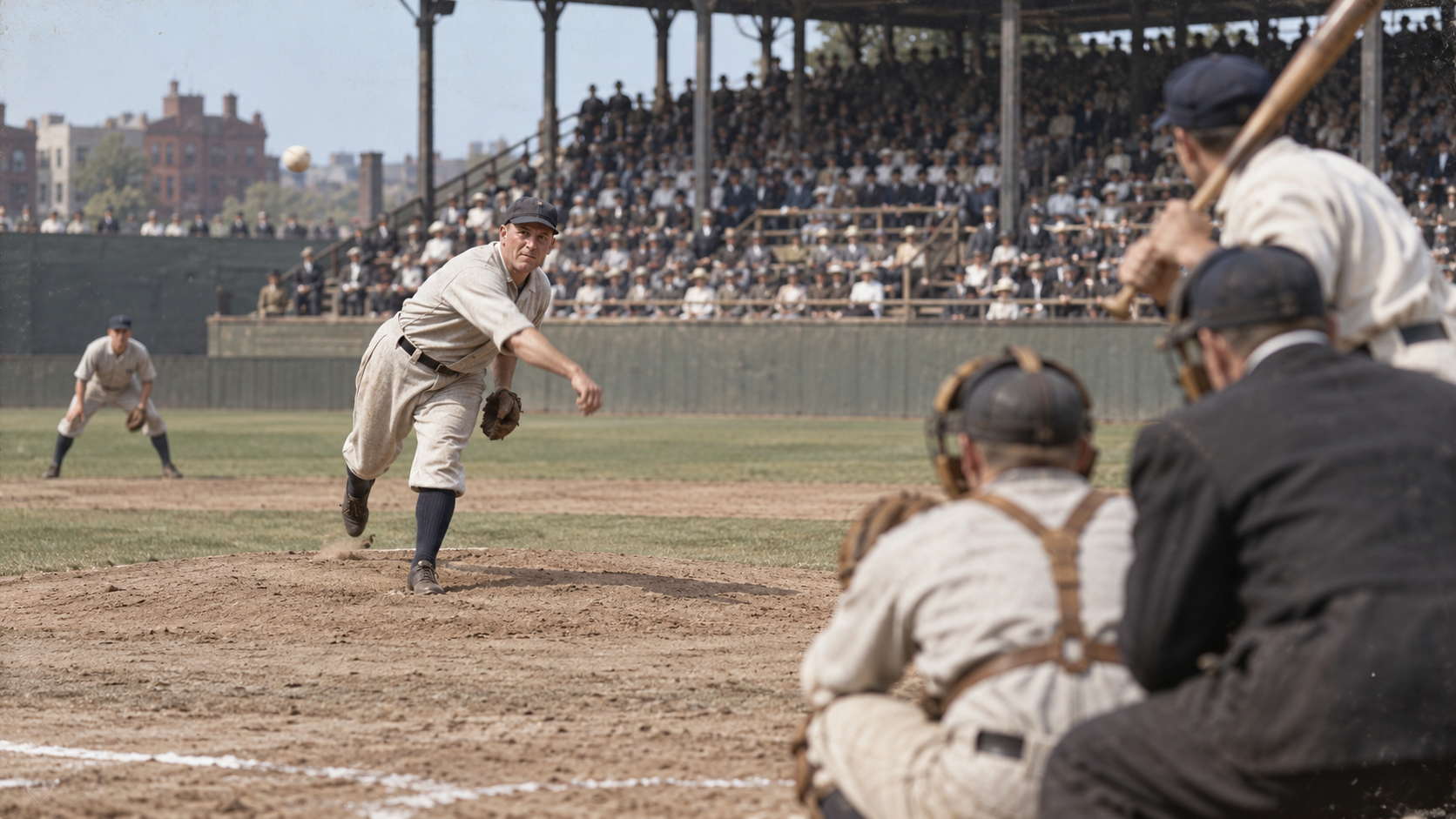 Photorealistic historical reconstruction of Cy Young pitching a perfect game at Boston’s Huntington Avenue Grounds in 1904.
