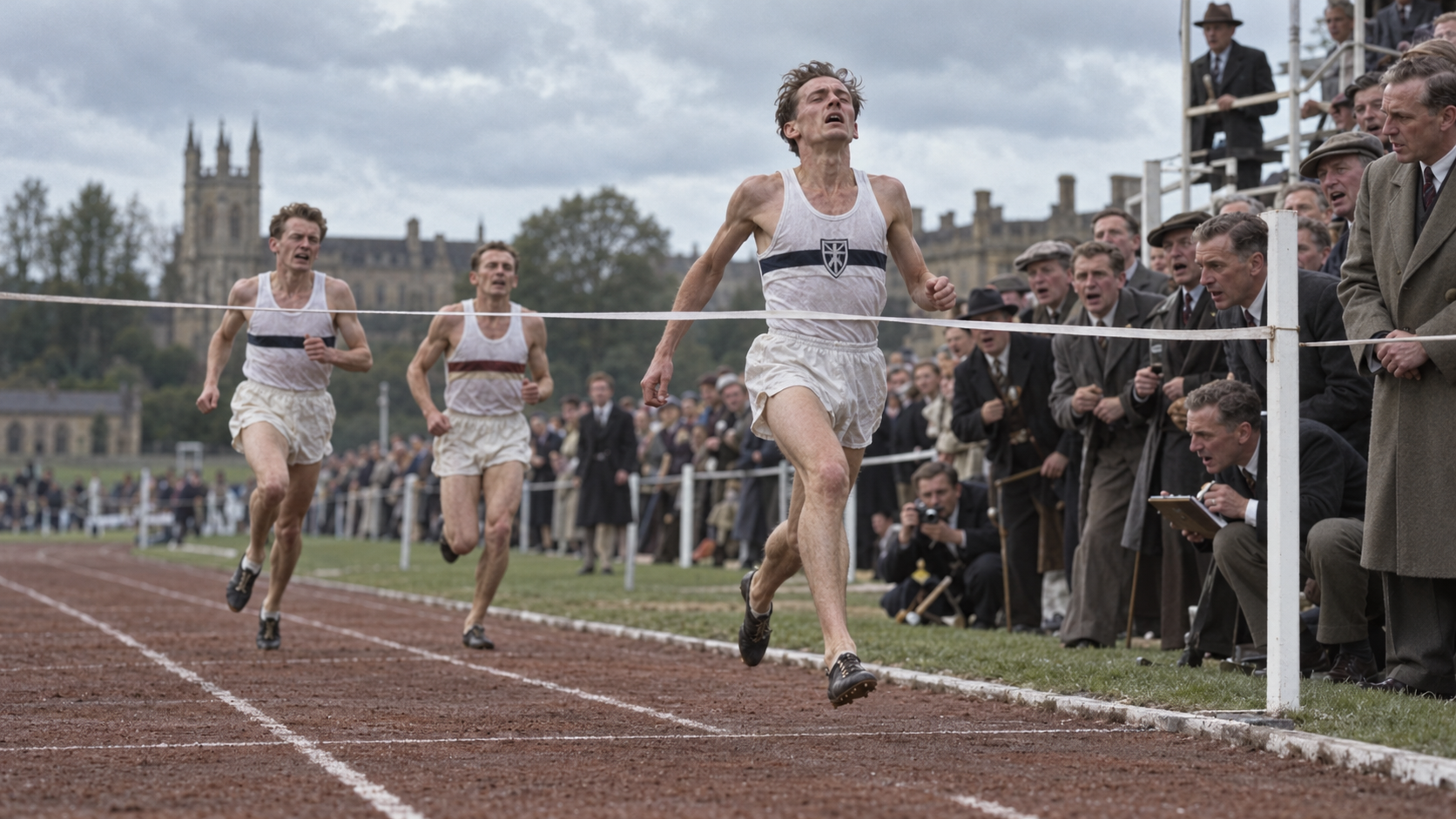 Photorealistic historical reconstruction of Roger Bannister breaking the four-minute mile barrier at Oxford in 1954.