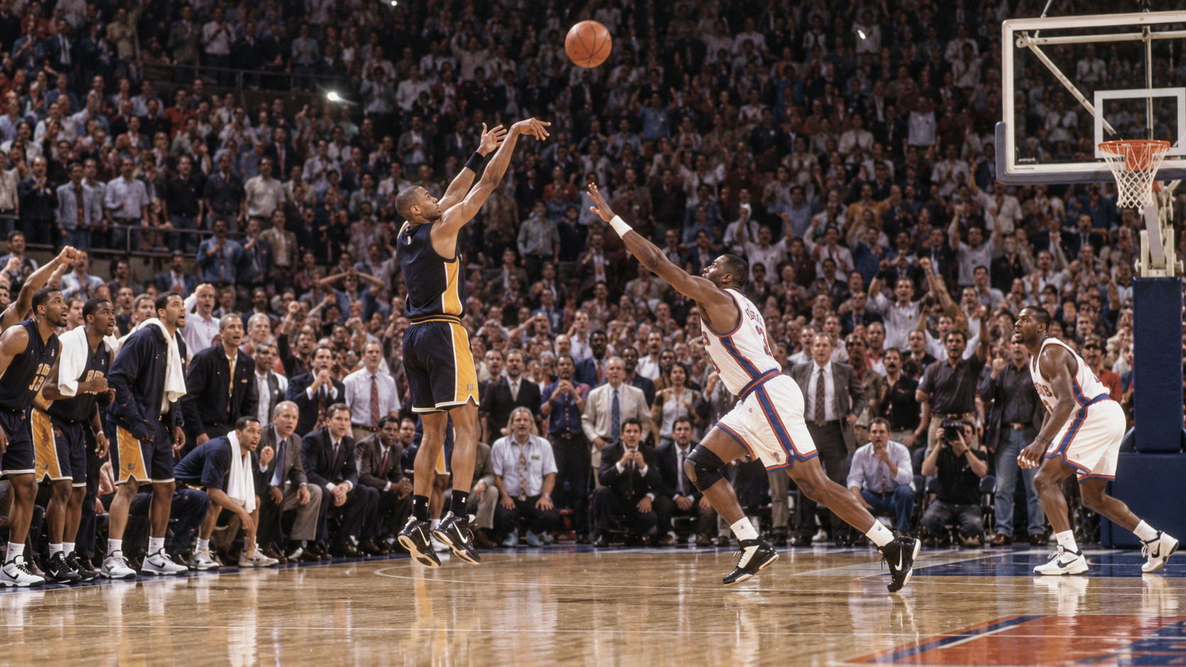 Photorealistic historical reconstruction of Reggie Miller hitting a late three-pointer at Madison Square Garden in 1995.