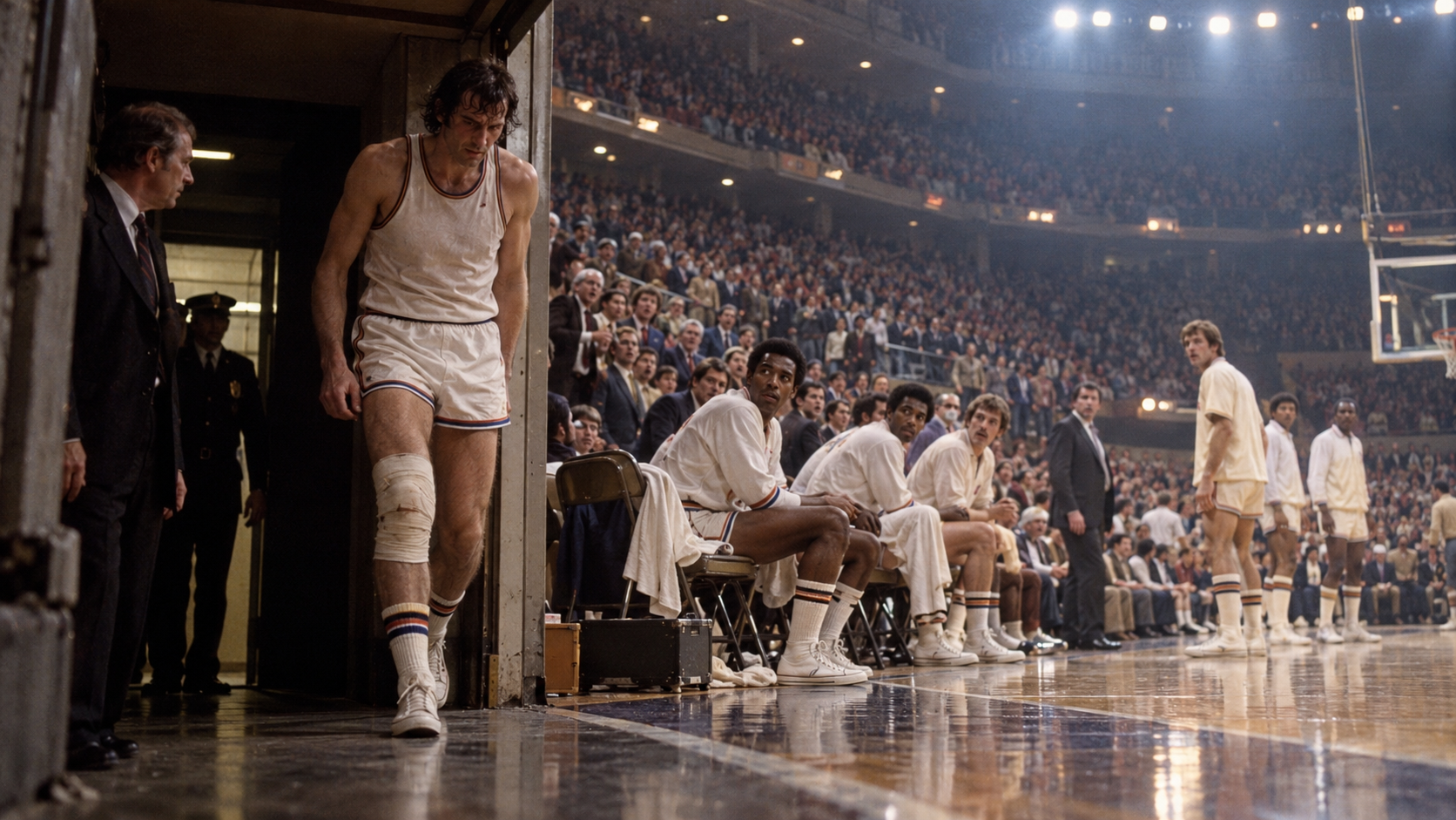 Photorealistic historical reconstruction of Willis Reed emerging from the tunnel before Game 7 of the 1970 NBA Finals.