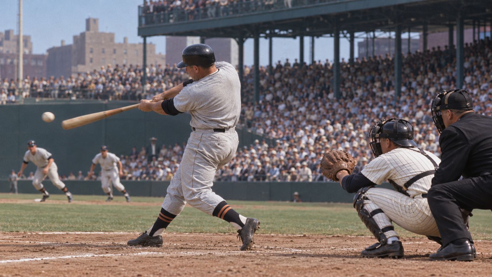 Photorealistic historical reconstruction of Jim Gentile hitting one of two grand slams for Baltimore in 1961.