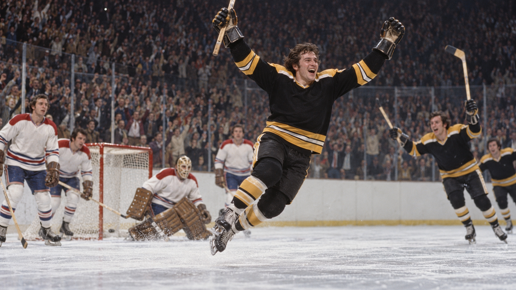 Photorealistic historical reconstruction of Bobby Orr flying through the air after scoring the 1970 Stanley Cup winner.