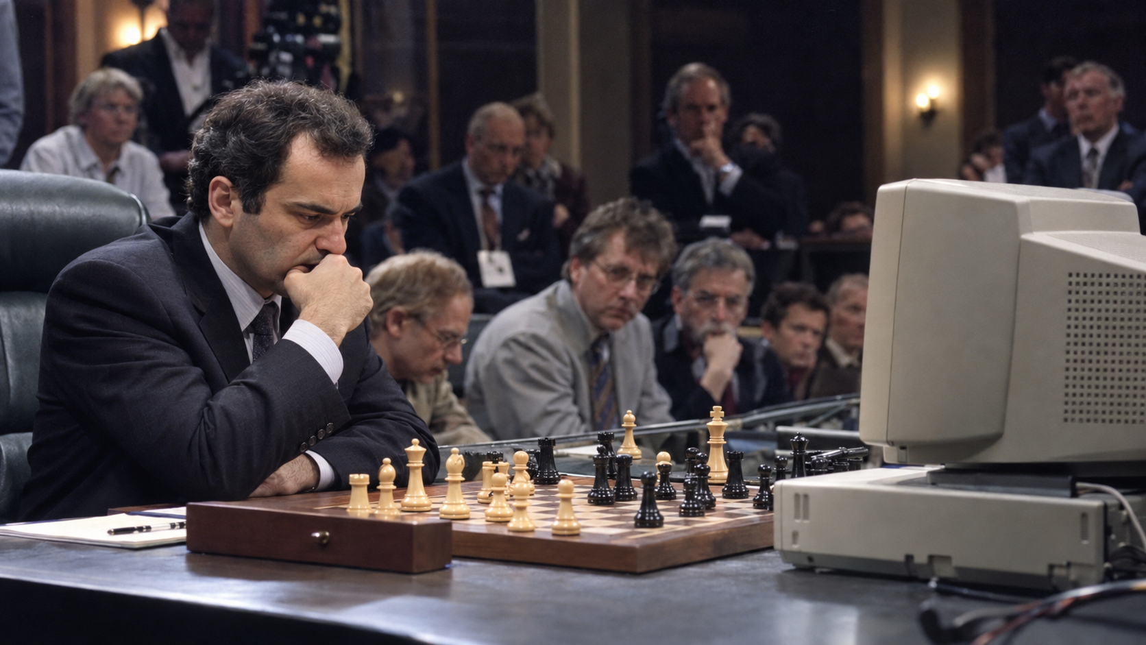 Photorealistic historical reconstruction of Garry Kasparov facing IBM’s Deep Blue in the final game of their 1997 chess match.