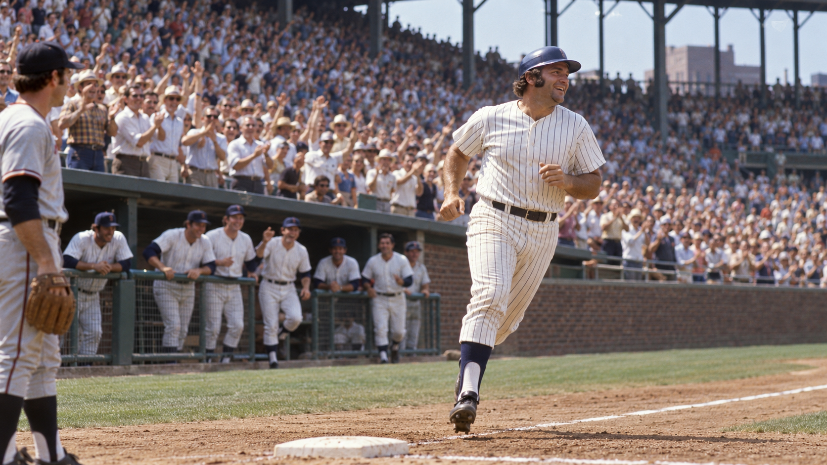 Photorealistic historical reconstruction of Ernie Banks rounding the bases after his 500th home run at Wrigley Field in 1970.